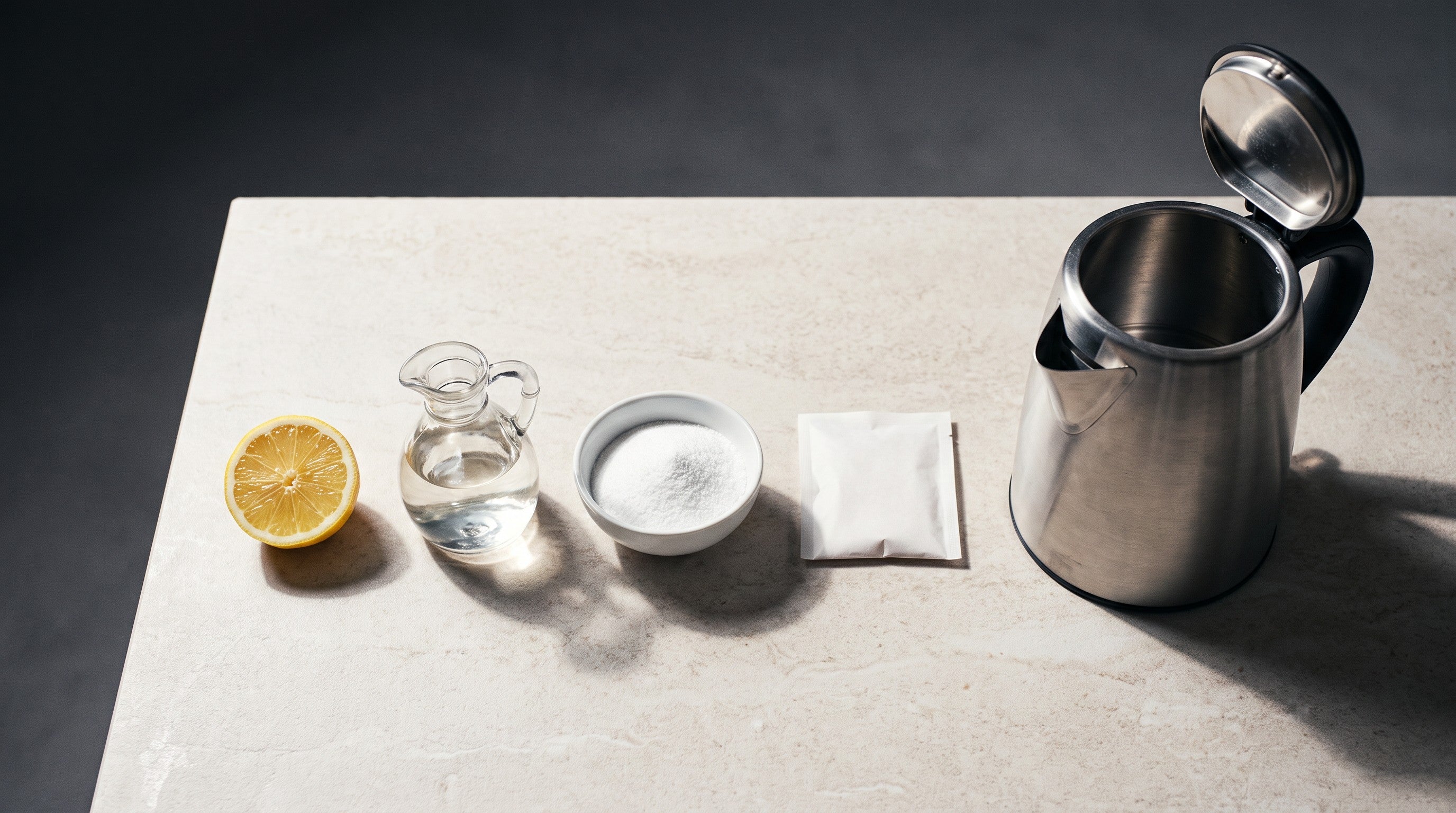 Image of A halved lemon, a jug of white vinegar, a bowl of citric acid powder and a plain descaling sachet lined up on a worktop beside a stainless steel kettle with its lid open
