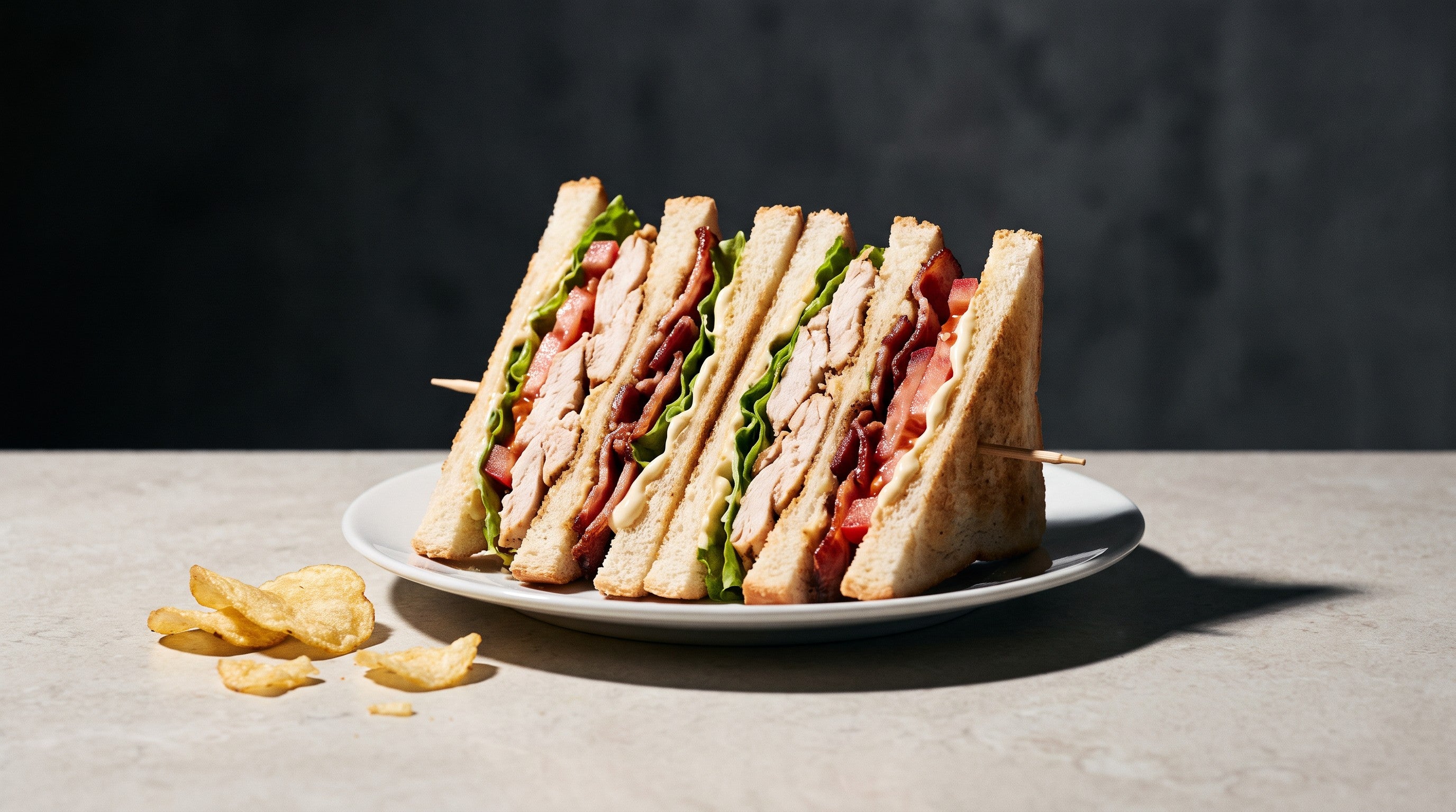 Image of A club sandwich on toasted white bread cut into four triangles and standing upright to show layers of chicken, bacon, lettuce and tomato, held with cocktail sticks, with crisps beside it