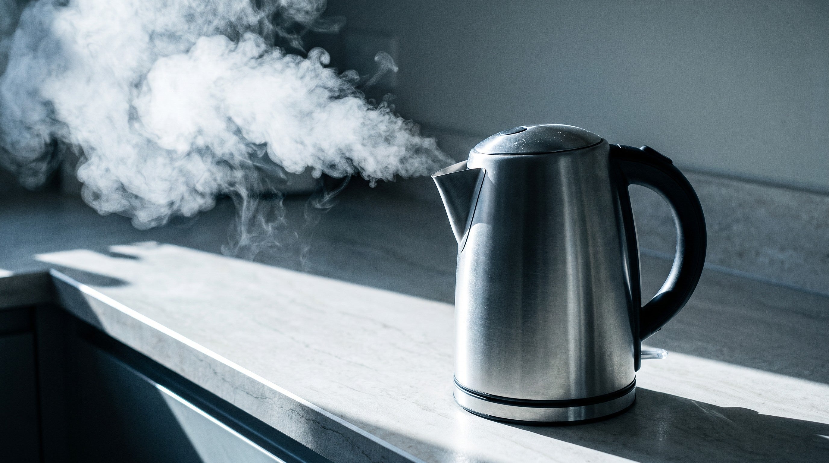 Image of A stainless steel electric kettle at full rolling boil on a marble worktop, a thick plume of steam catching the light from a window