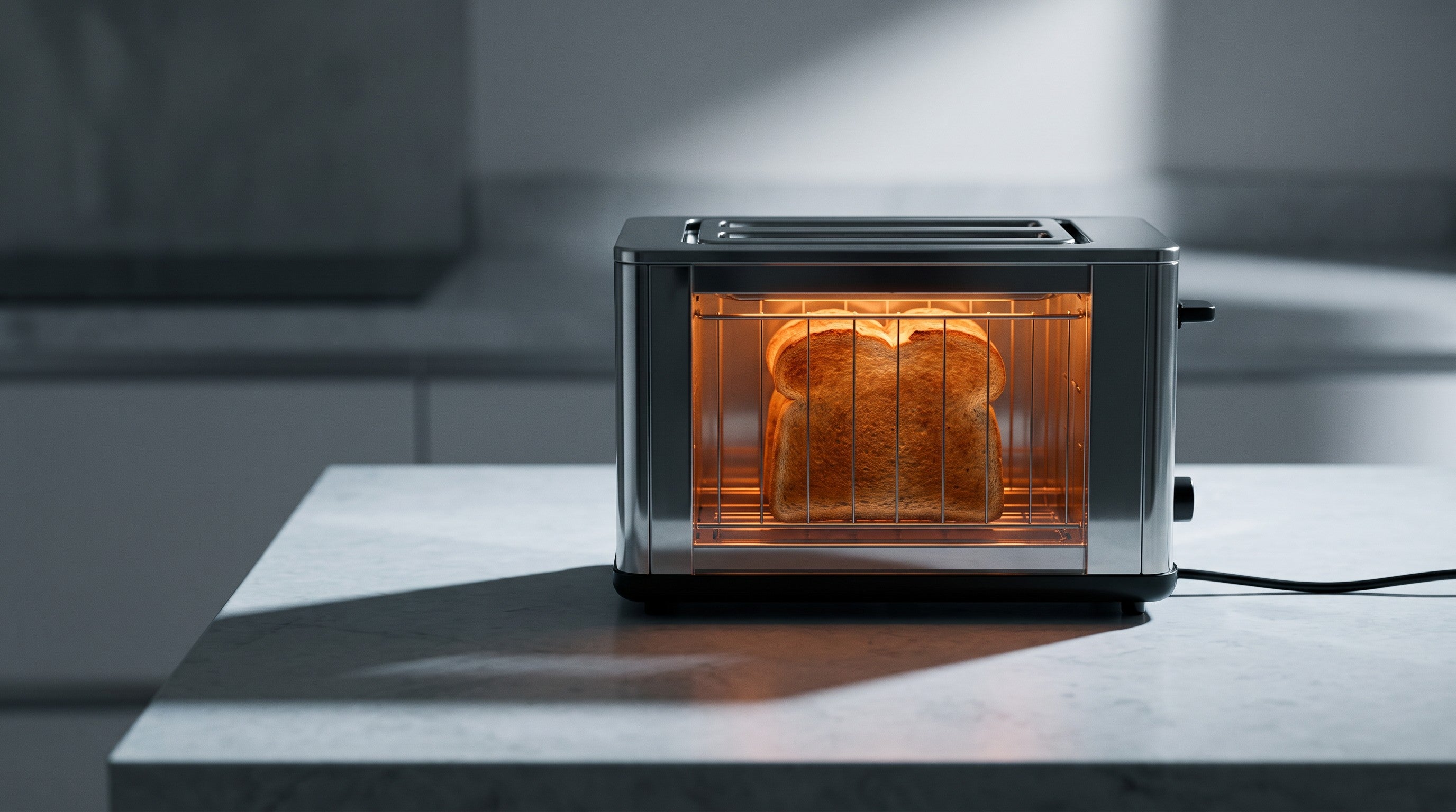 Image of A toaster with a transparent glass side panel, two slices of bread visible inside mid-toast with the elements glowing orange behind them