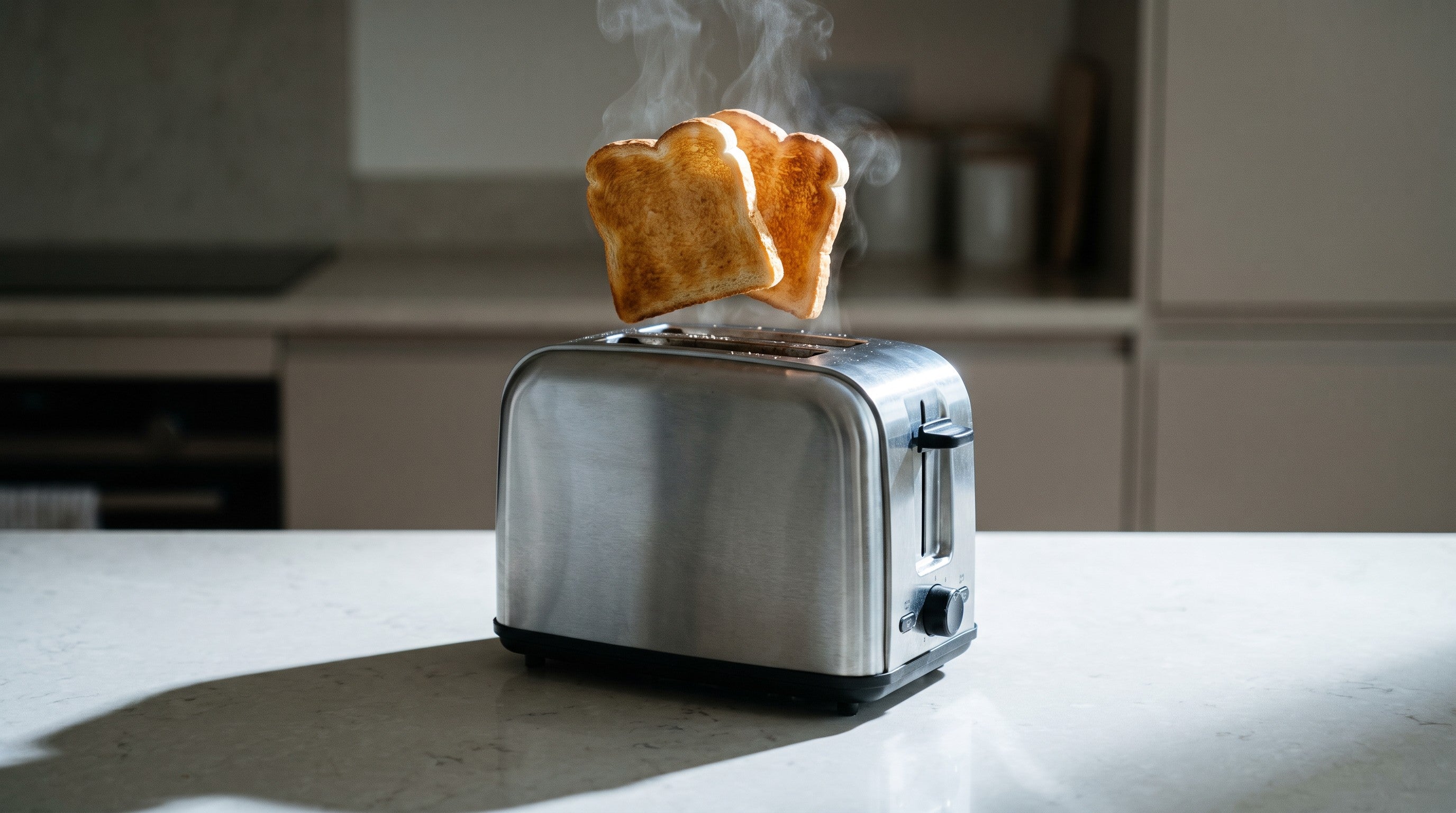 Image of Two slices of golden toast caught mid-air as they pop up from a stainless steel toaster, steam rising, in a sunlit kitchen