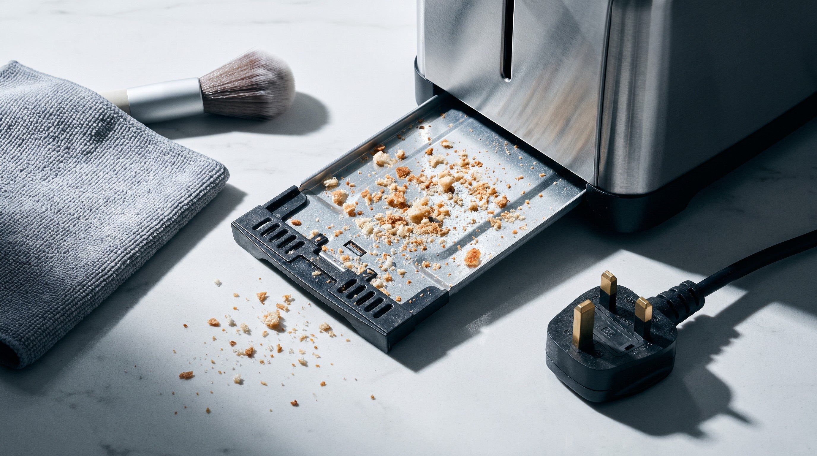 Image of A toaster crumb tray pulled out and covered in breadcrumbs beside a folded grey microfibre cloth and a soft brush, with the toaster unplugged and its UK three pin plug lying on the worktop