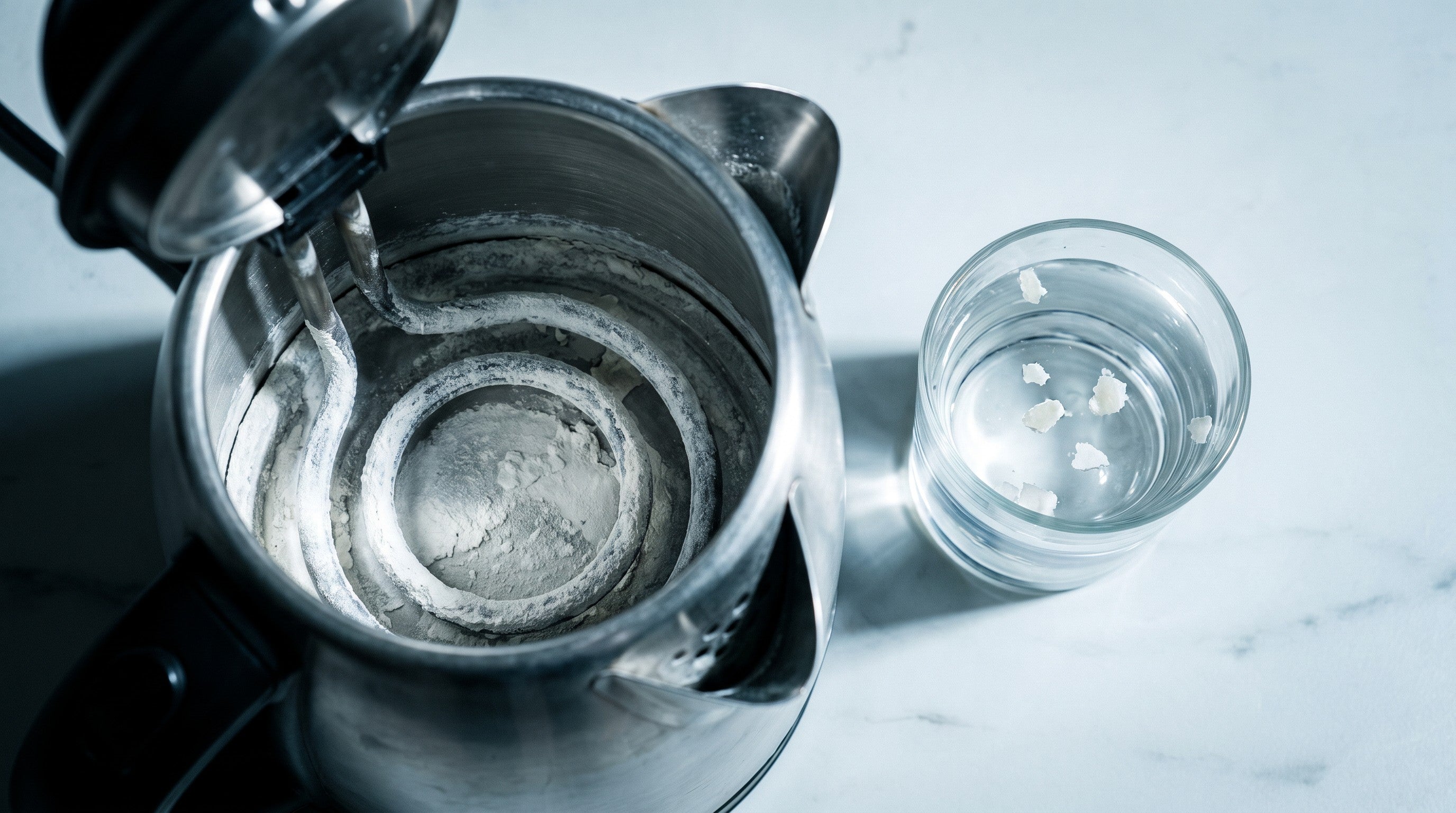Image of Looking down into an open electric kettle with chalky white limescale around the base and element, beside a glass of water with small white flakes floating in it
