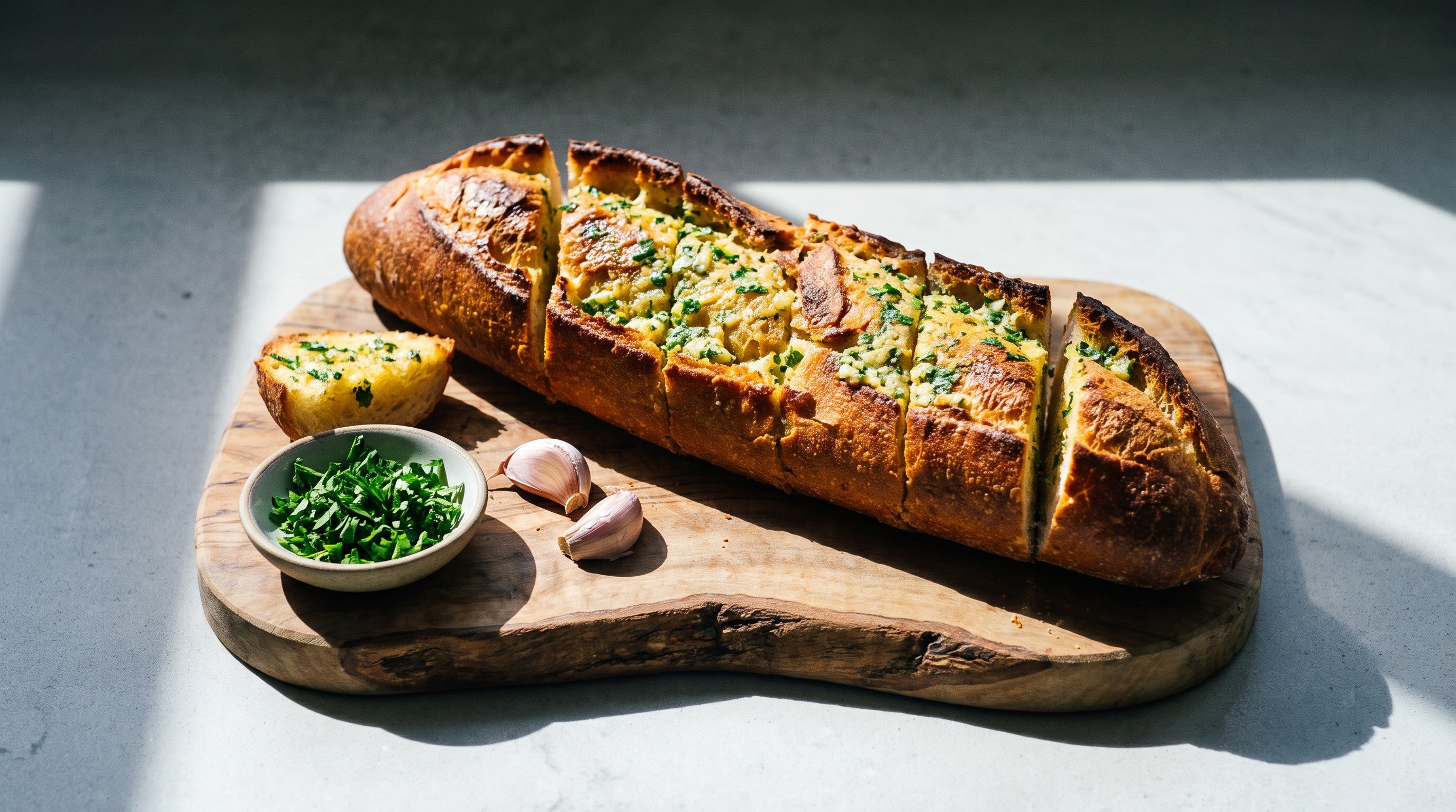 Image of A baguette split lengthways and spread with garlic and parsley butter, baked golden and sliced, on a wooden board with a bowl of chopped parsley and garlic cloves beside it