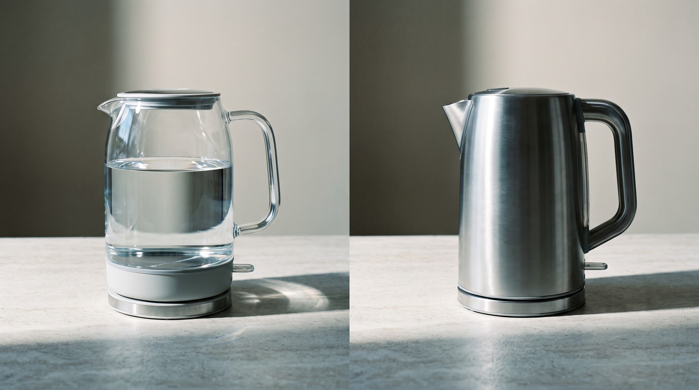 Image of A clear glass electric kettle filled with water beside a brushed stainless steel electric kettle, shown side by side at the same scale