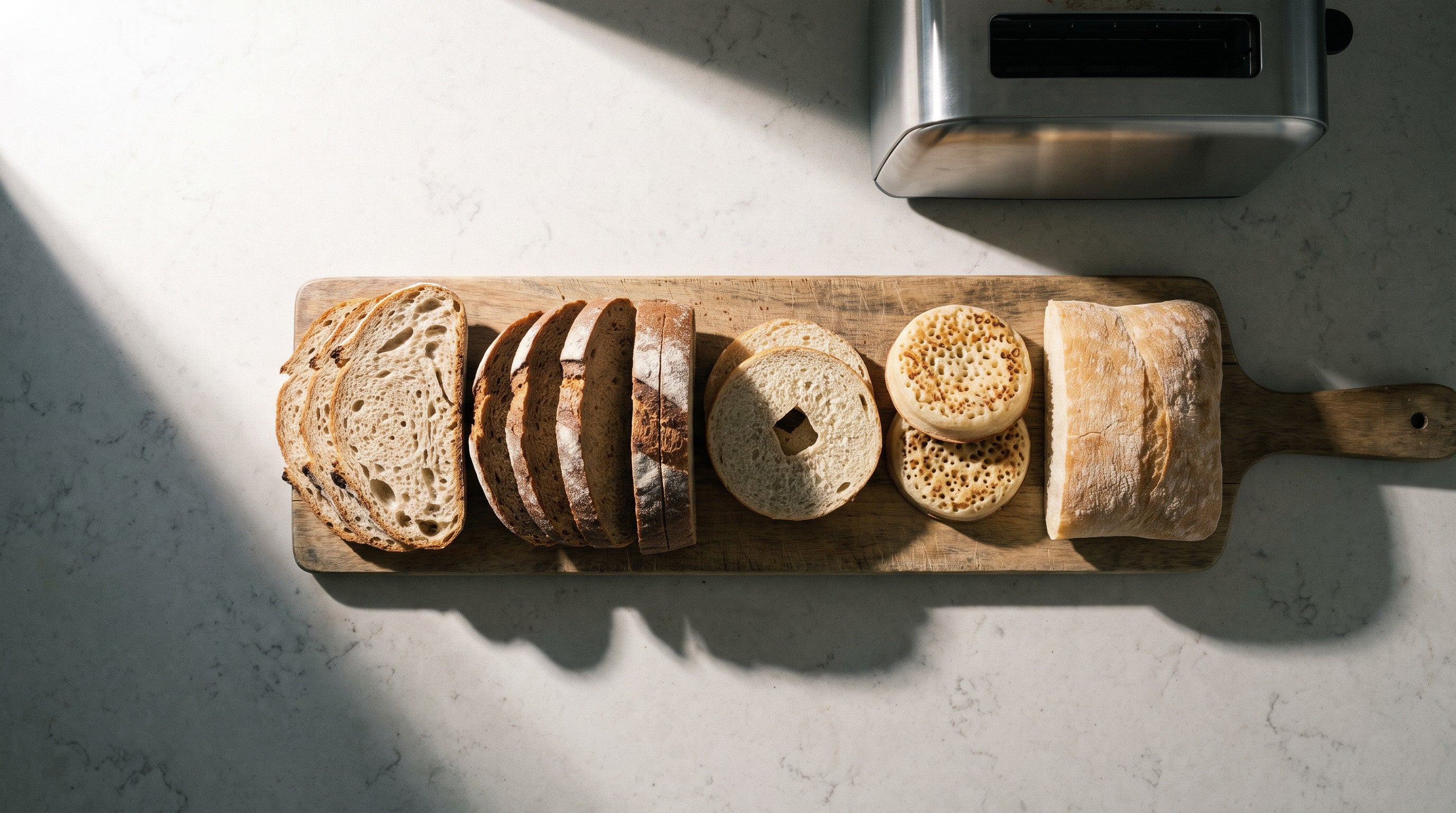 Image of A wooden board laid with sliced sourdough, a sliced bloomer, a halved bagel, two crumpets and a piece of ciabatta, each a different thickness, beside a stainless toaster
