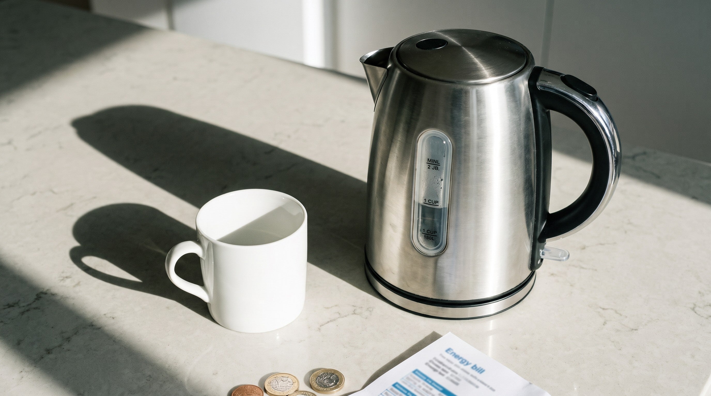 Image of A stainless steel electric kettle on a worktop beside a single white mug, filled only to the minimum line in its water window, with coins and an energy bill out of focus behind