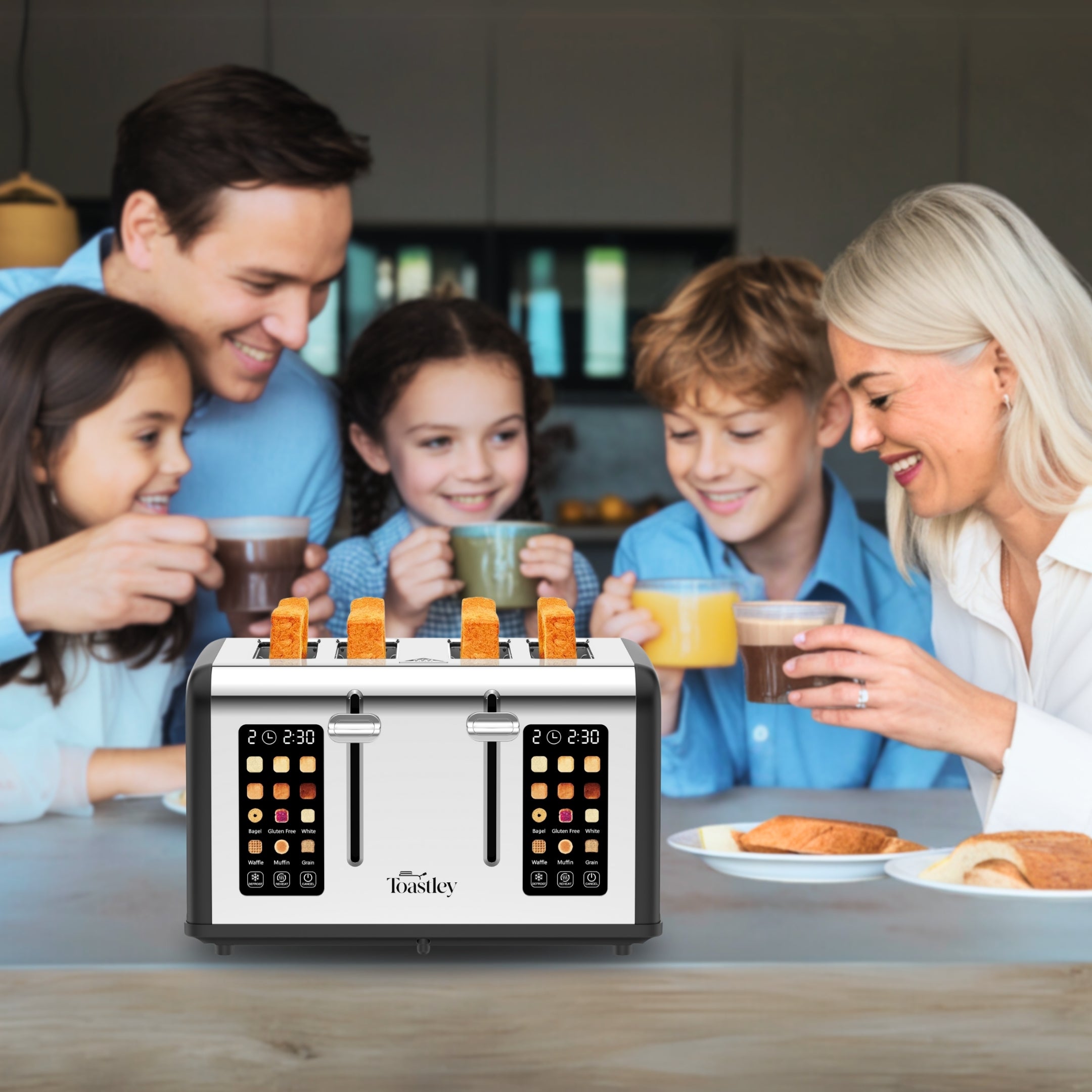 Image of Family enjoying breakfast around a Toastley smart toaster