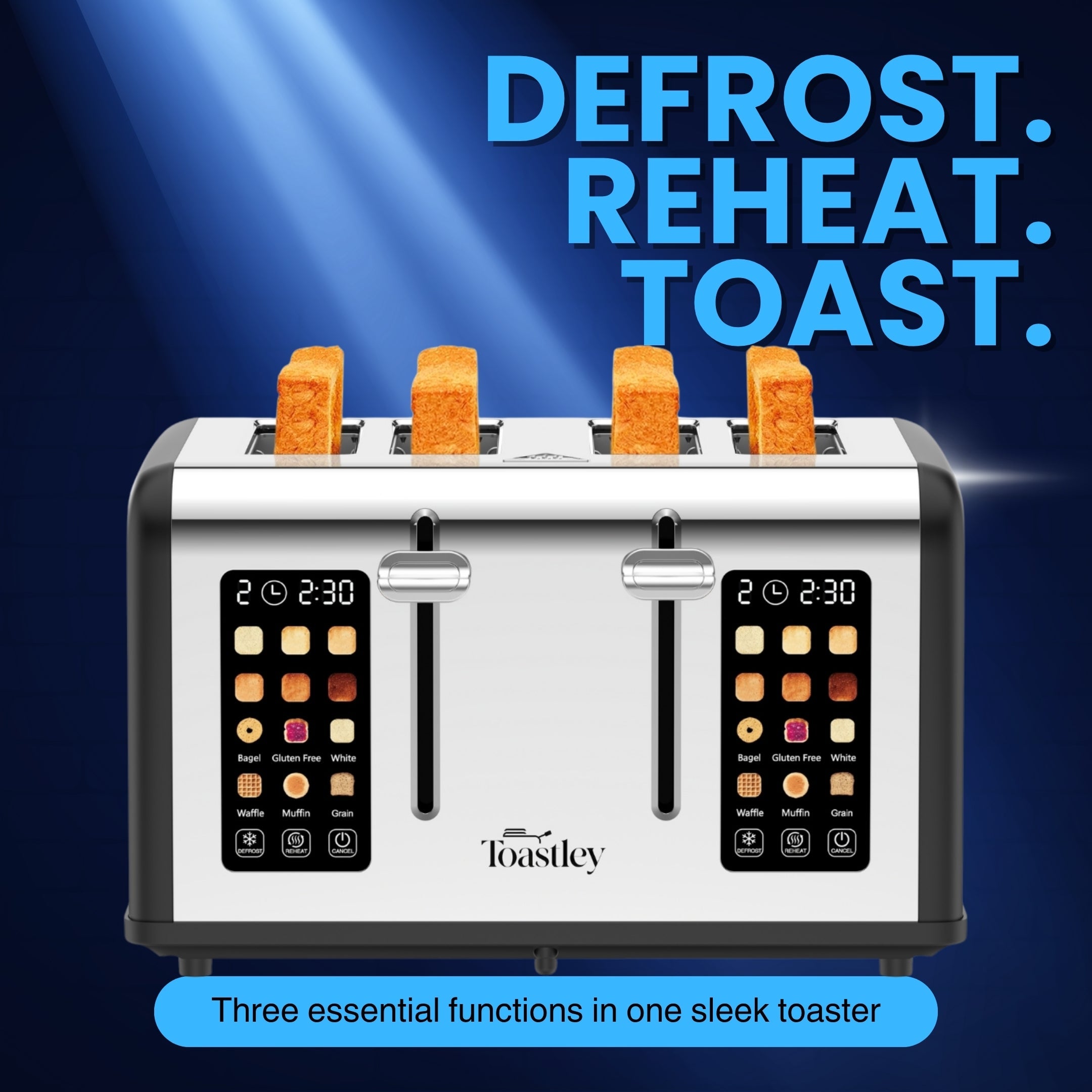 Image of Toastley smart toaster with four slices of artisan bread