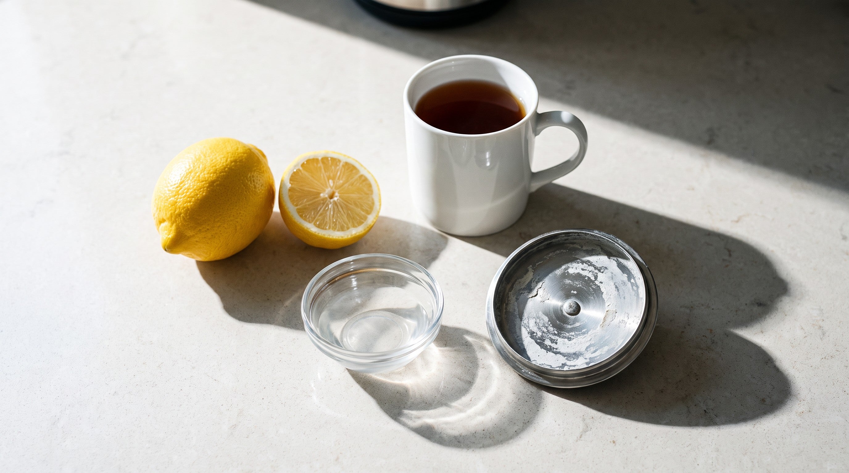 Image of A whole and a halved lemon, a small glass bowl of white vinegar and a mug of tea on a pale worktop, beside an upturned kettle lid coated in chalky white limescale
