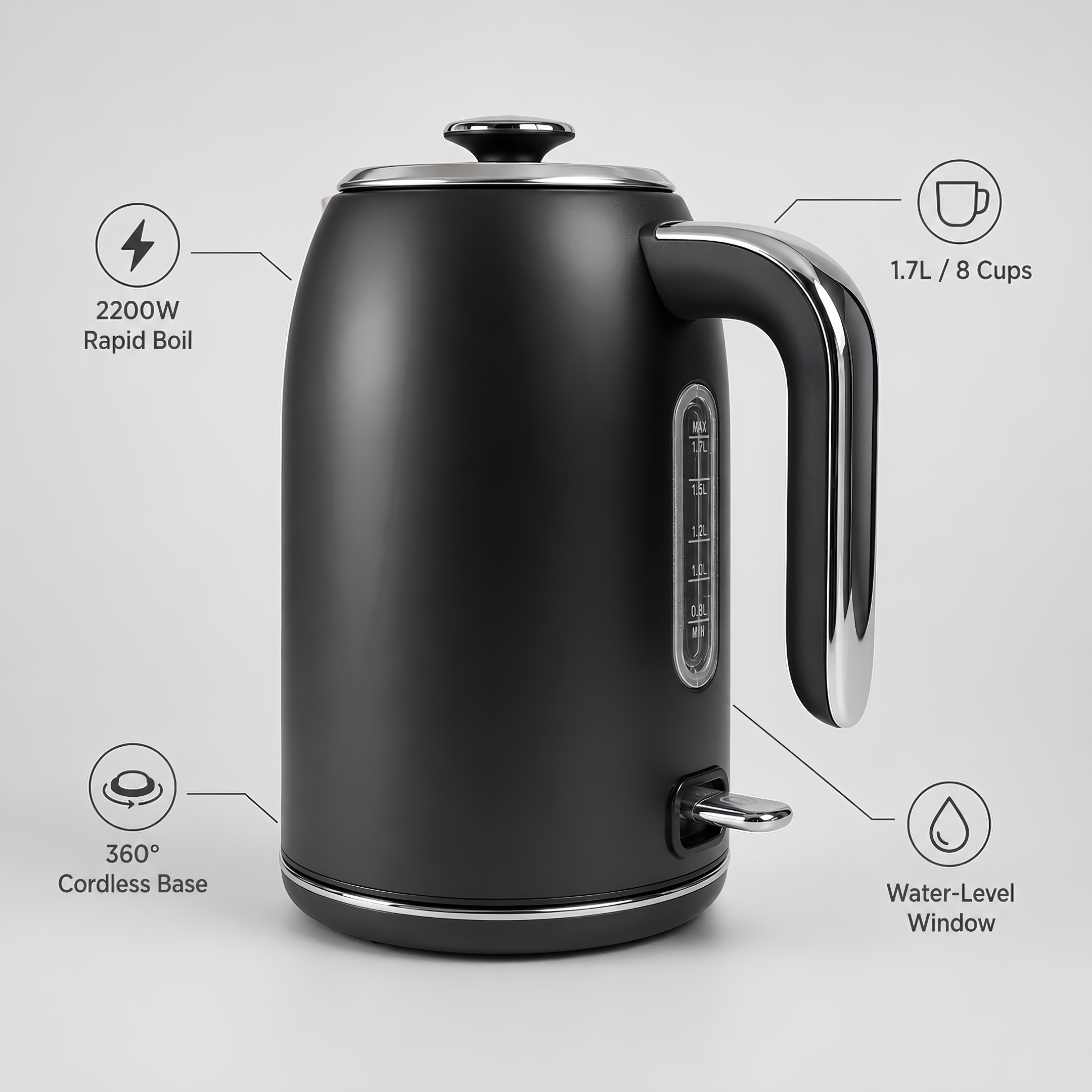 Image of Toastley 1.7L Electric Kettle – Rapid Boil Cordless Kettle, Matt Black