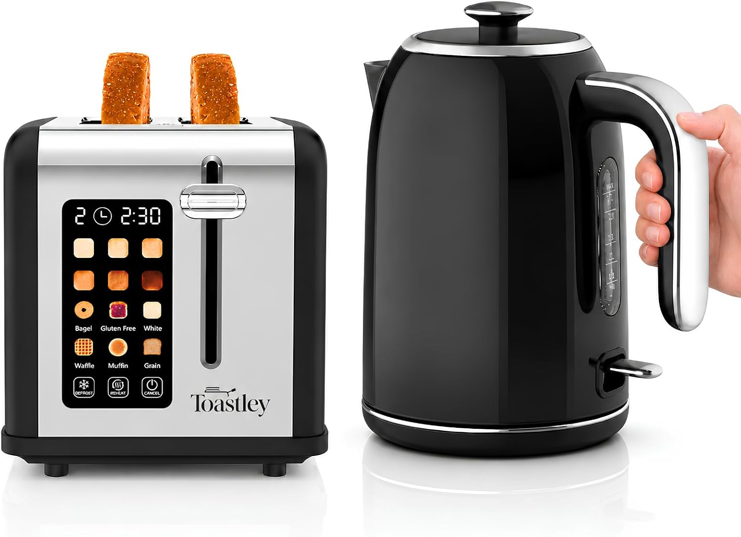 Image of Matt black kettle and toaster set: Toastley 2 slice smart touchscreen toaster with matching 1.7L rapid boil kettle