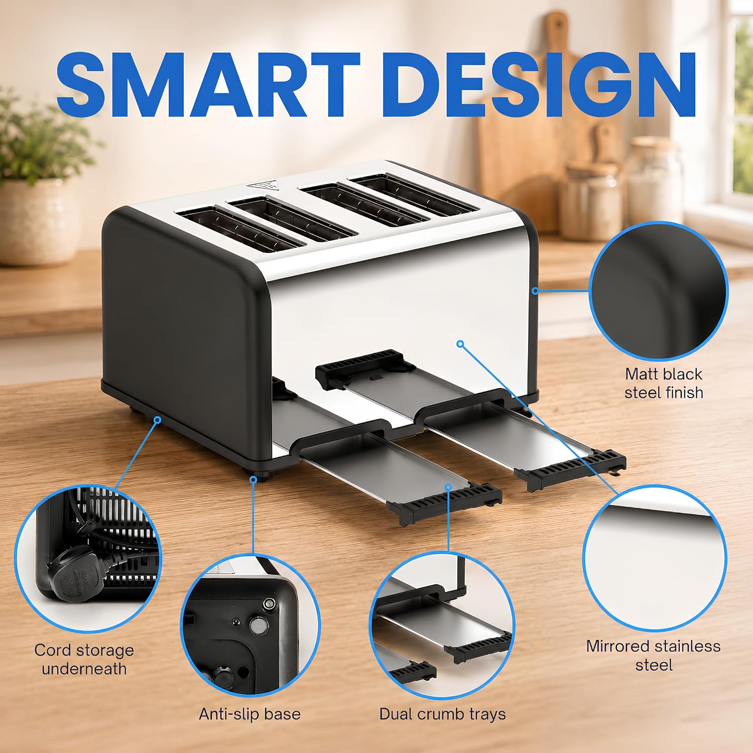 Image of Matching matt black Toastley 4 slice toaster and kettle set on a kitchen worktop