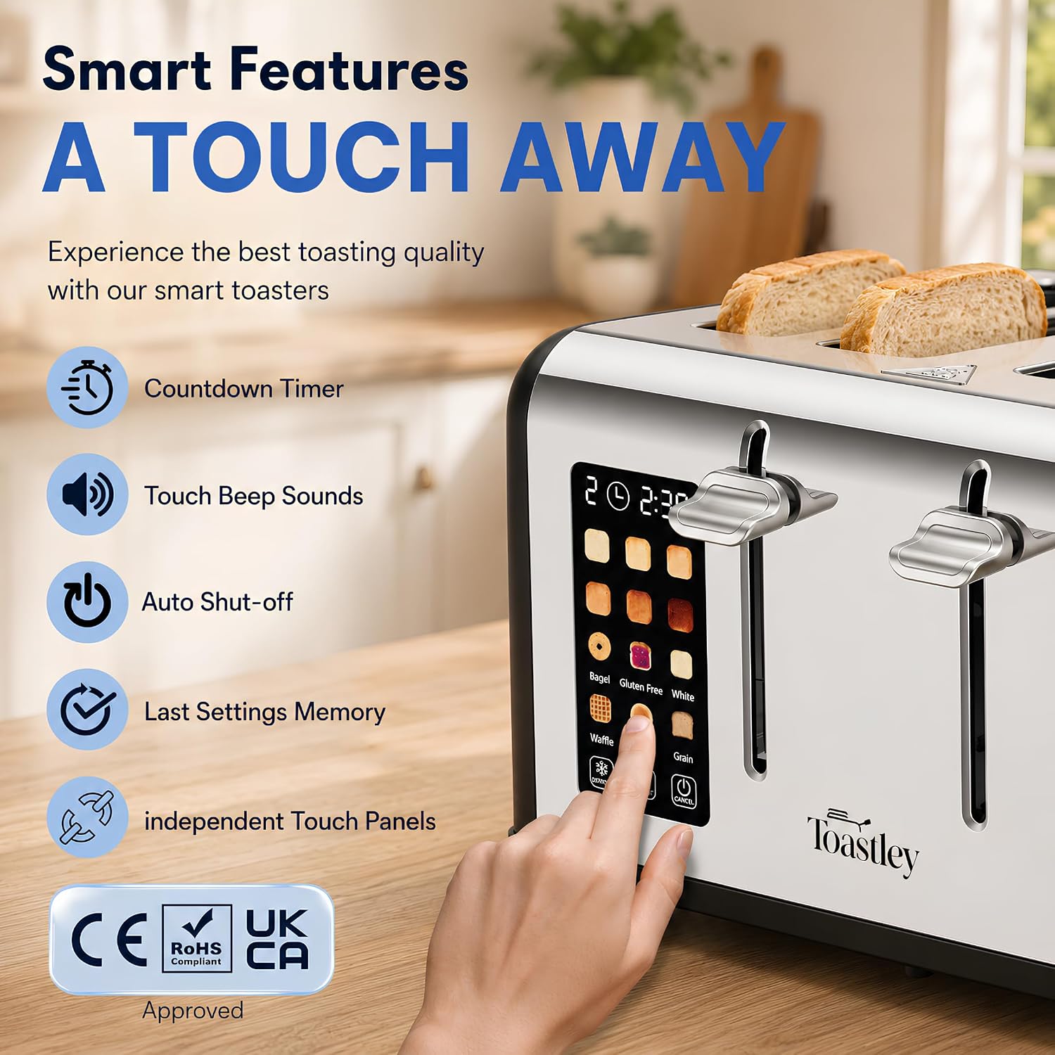 Matt black 4 slice toaster and kettle set: Toastley dual touchscreen toaster with matching 1.7L rapid boil kettle