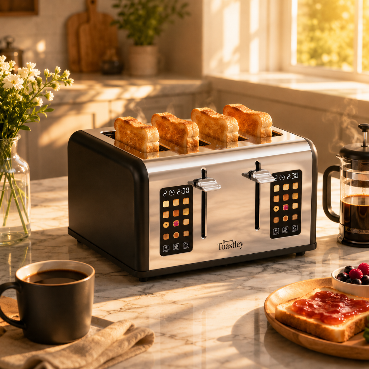 Image of Toastley premium stainless steel smart toaster on a marble kitchen counter with golden morning light, steam rising from toast slots
