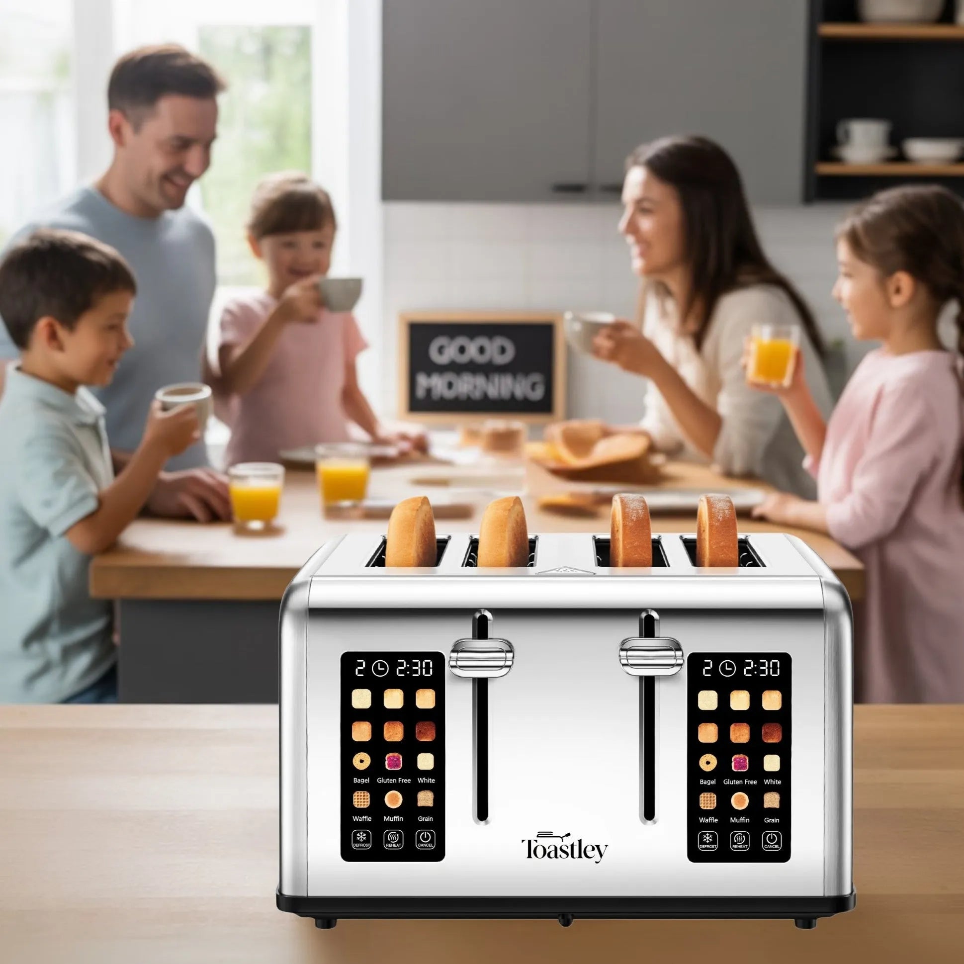 Image of Modern toaster with digital display in a kitchen setting with a family.