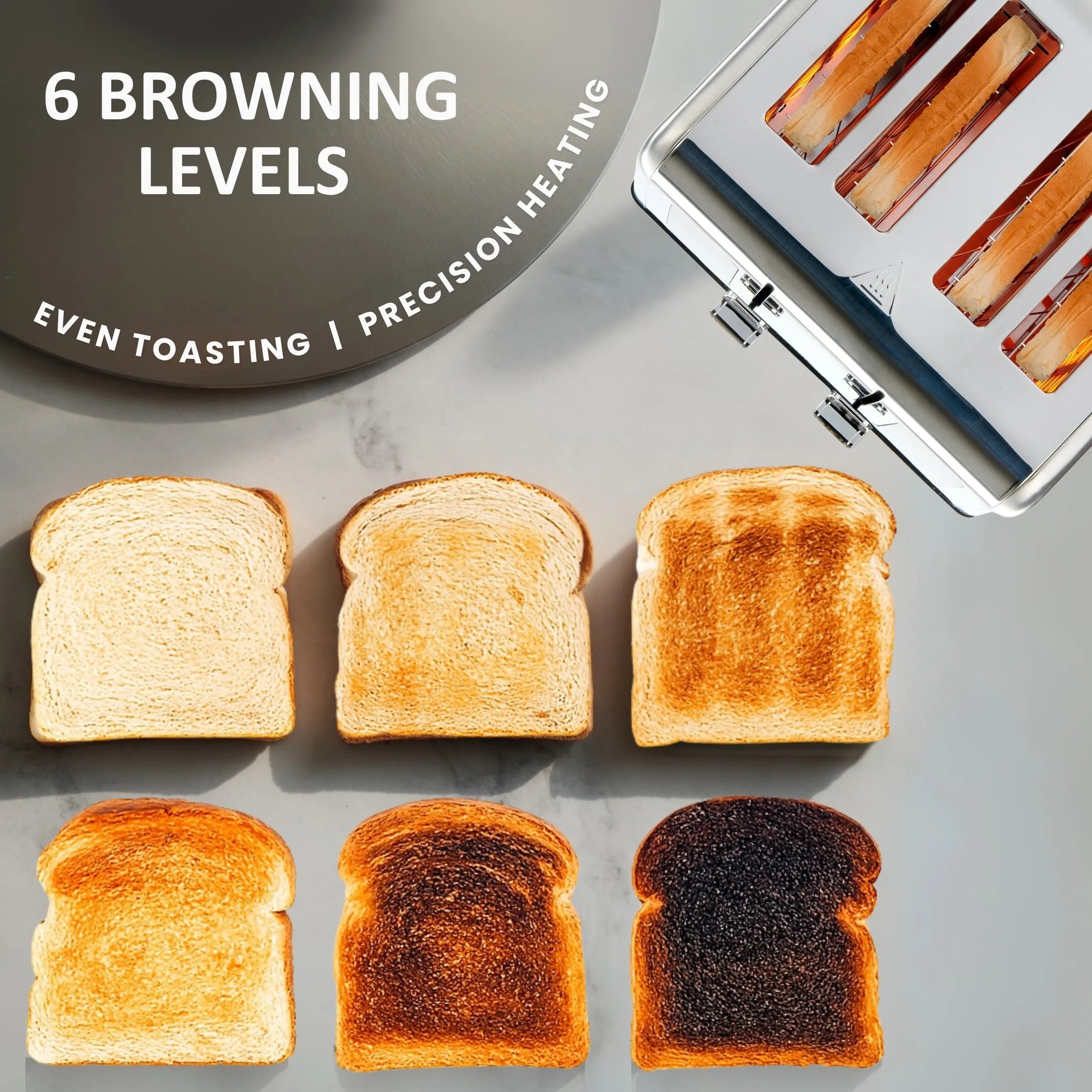 Image of Toasted bread showing six browning levels on a gray surface with a toaster.