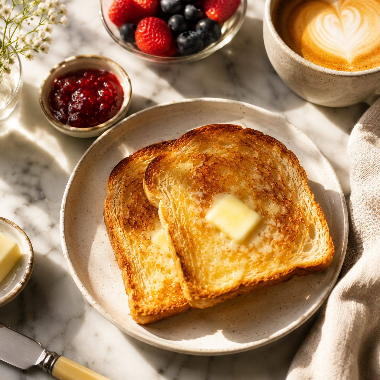 Image of Golden buttered toast with jam and coffee on a marble breakfast table