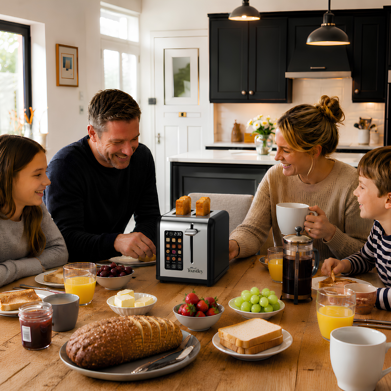 Image of A family breakfast scene in a bright kitchen with a black and silver countertop toaster in the center. The toaster has two slices of toast inserted and is shown in use on a wooden table with bread, fruit, juice, and mugs, with people seated around it.