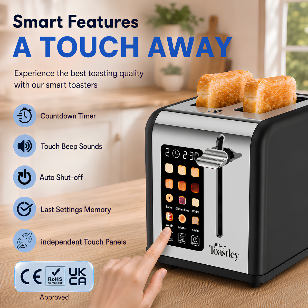 Smart features panel for the Toastley 2 slice toaster: countdown timer, touch beep sounds, auto shut-off, last settings memory and independent touch panels, with CE, RoHS and UKCA marks