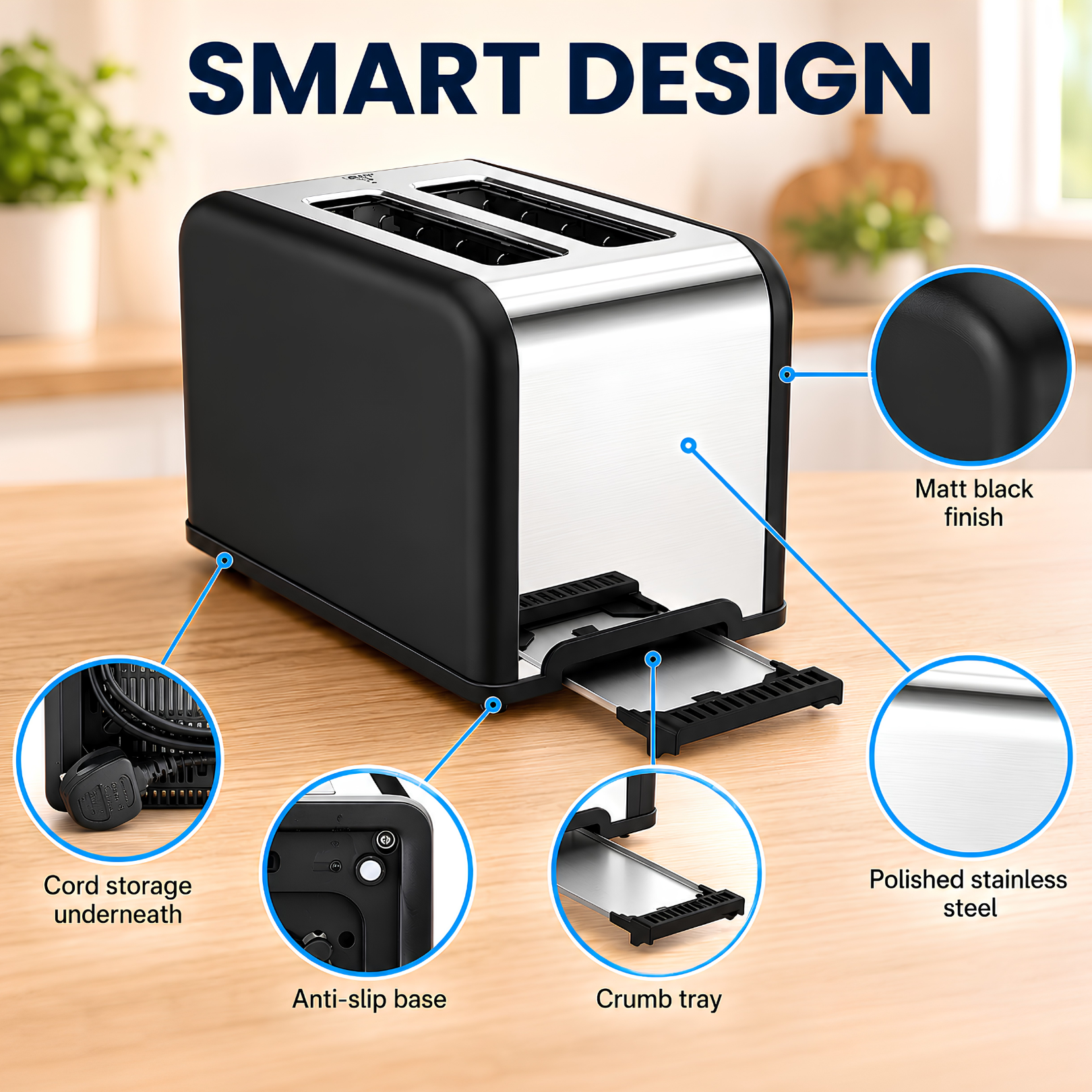 Image of Smart design features of the Toastley 2 slice toaster: matt black finish, polished stainless steel, cord storage underneath, anti-slip base and a removable crumb tray