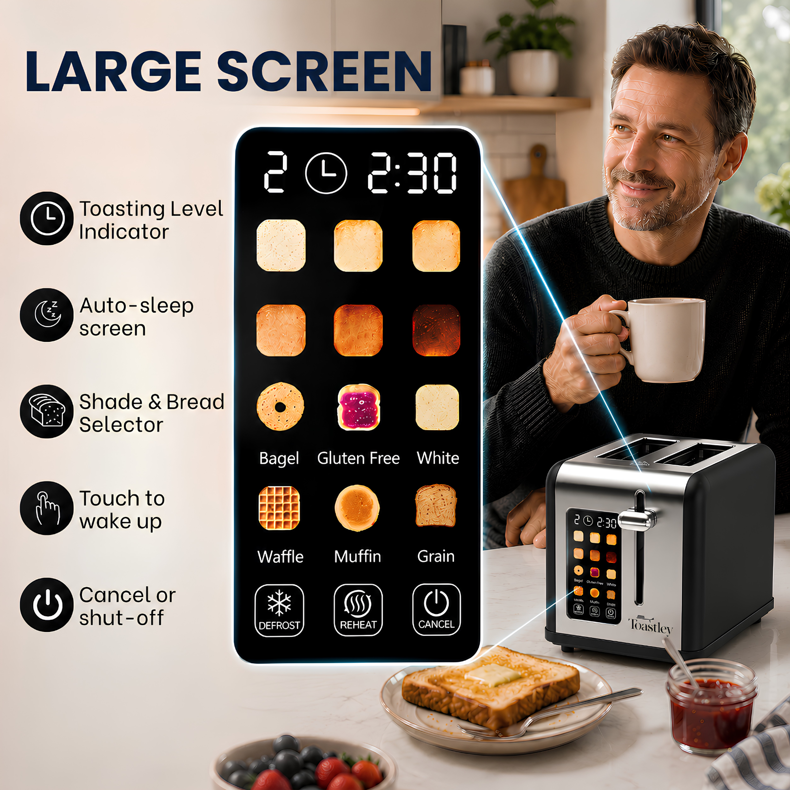Image of Close up of the Toastley toaster's large touchscreen showing the toasting level indicator, shade and bread selector, auto-sleep screen, touch to wake and cancel controls
