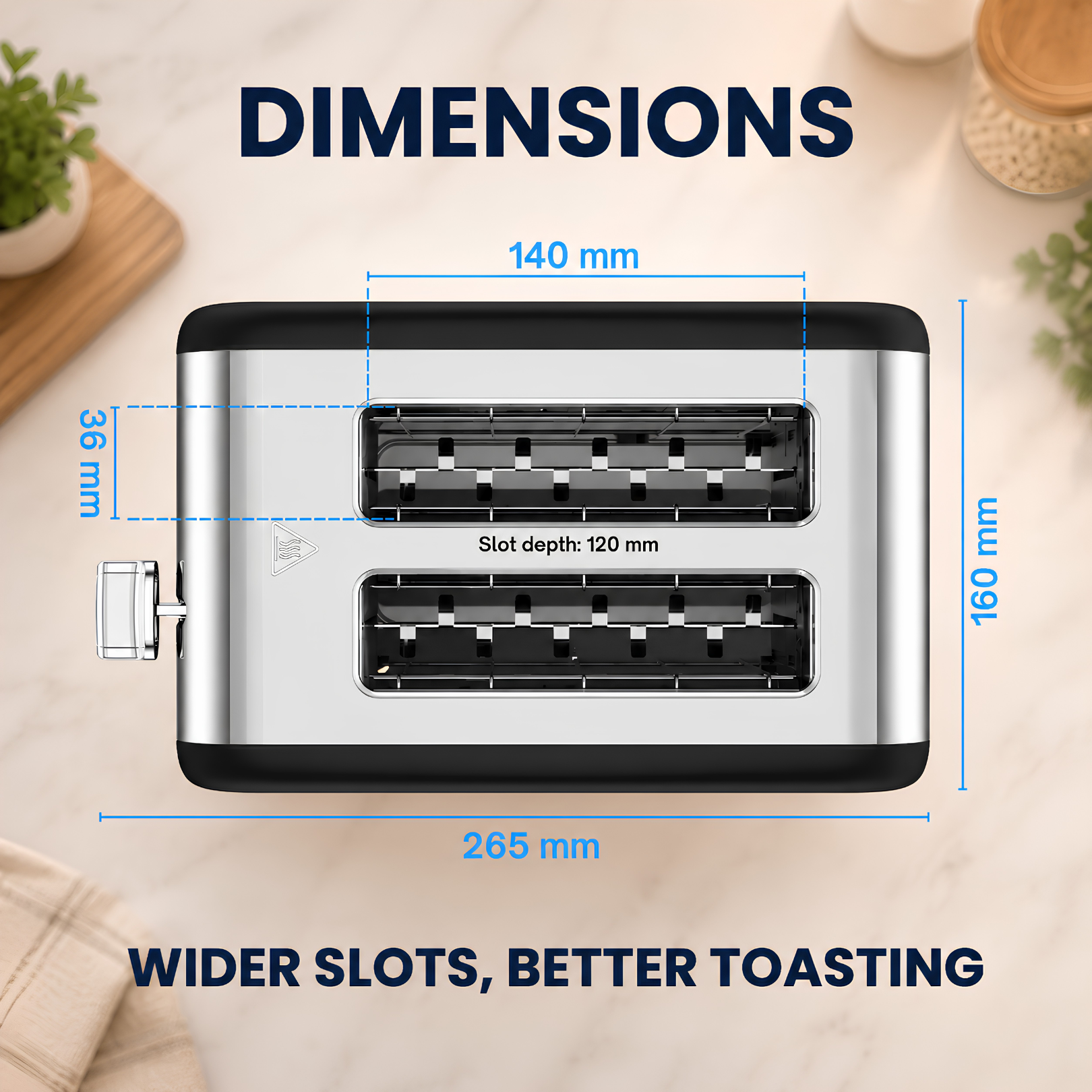 Image of Toastley 2 slice toaster dimensions: 265mm wide by 160mm tall, with 140mm by 36mm slots and 120mm slot depth for wider slices