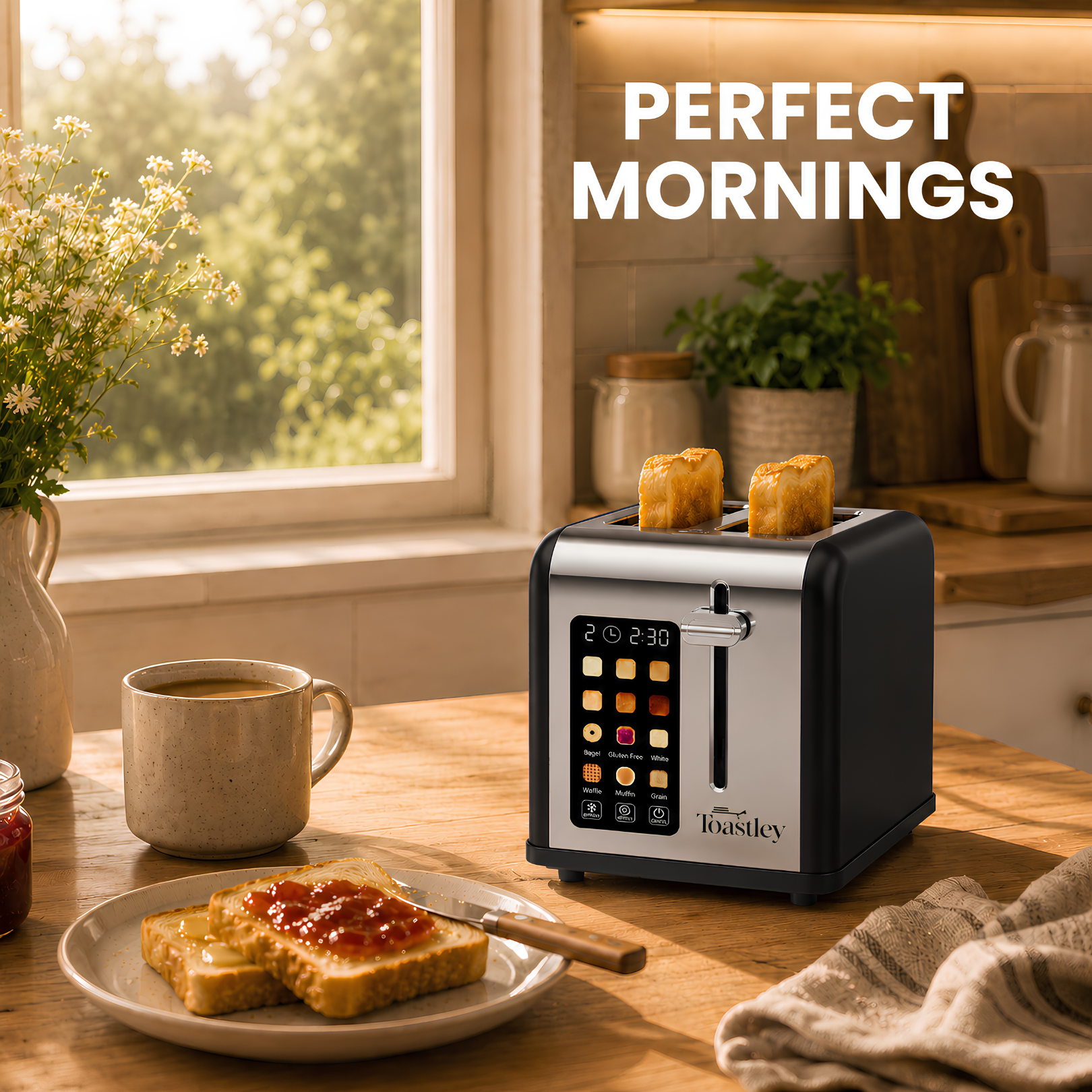 Image of Toastley 2 slice smart toaster on a sunlit kitchen worktop beside a plate of buttered toast and a mug of coffee