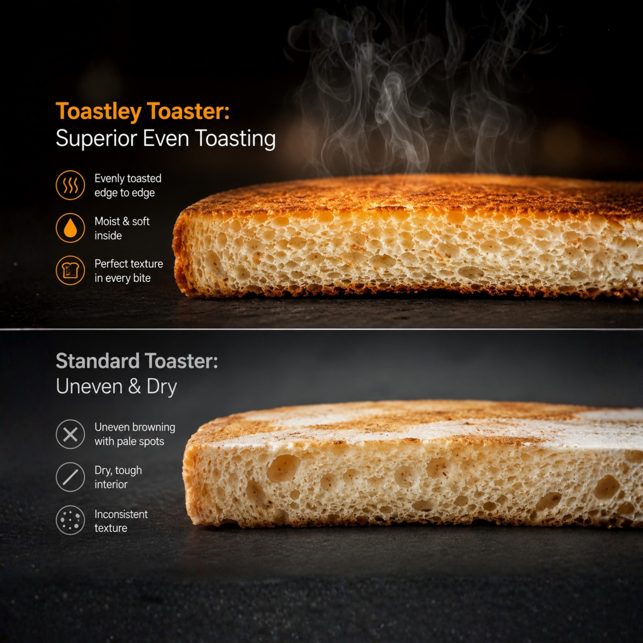 Image of Comparison of toast from a Toastley toaster, evenly browned and soft inside, against a standard toaster's uneven and dry slice