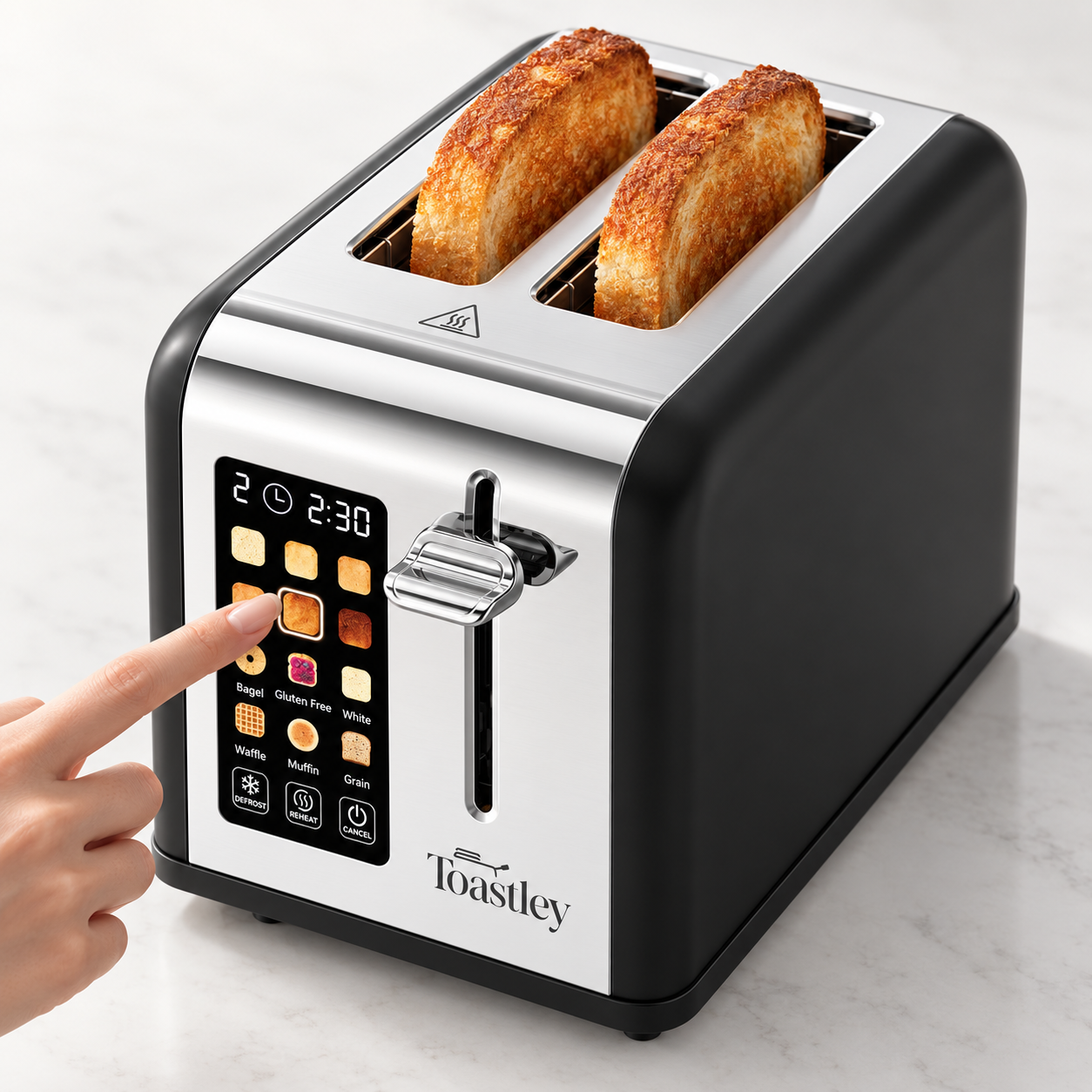 Toastley 2 slice smart toaster in matt black and stainless steel, with a finger selecting a shade on the touchscreen and two slices of toast popping up