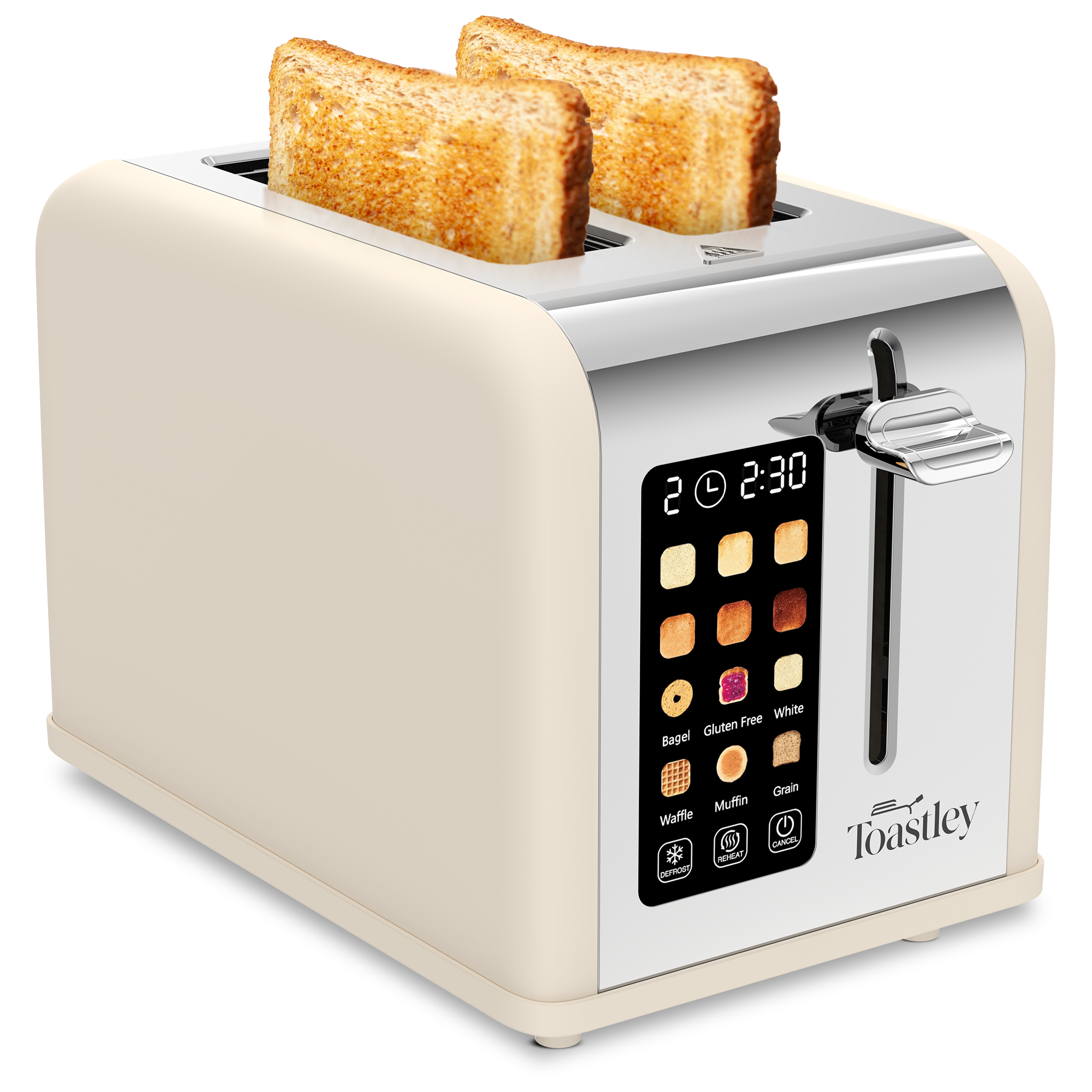 Image of Toastley 2 slice smart toaster in oat cream with touchscreen controls and two slices of toast popping up