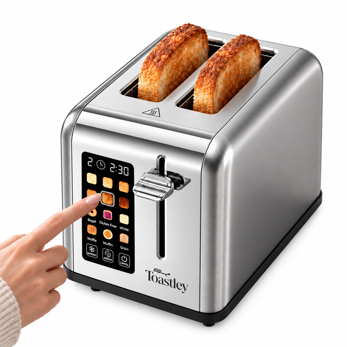 Toastley 2 slice smart toaster in brushed silver stainless steel with a finger on the touchscreen and two slices of toast