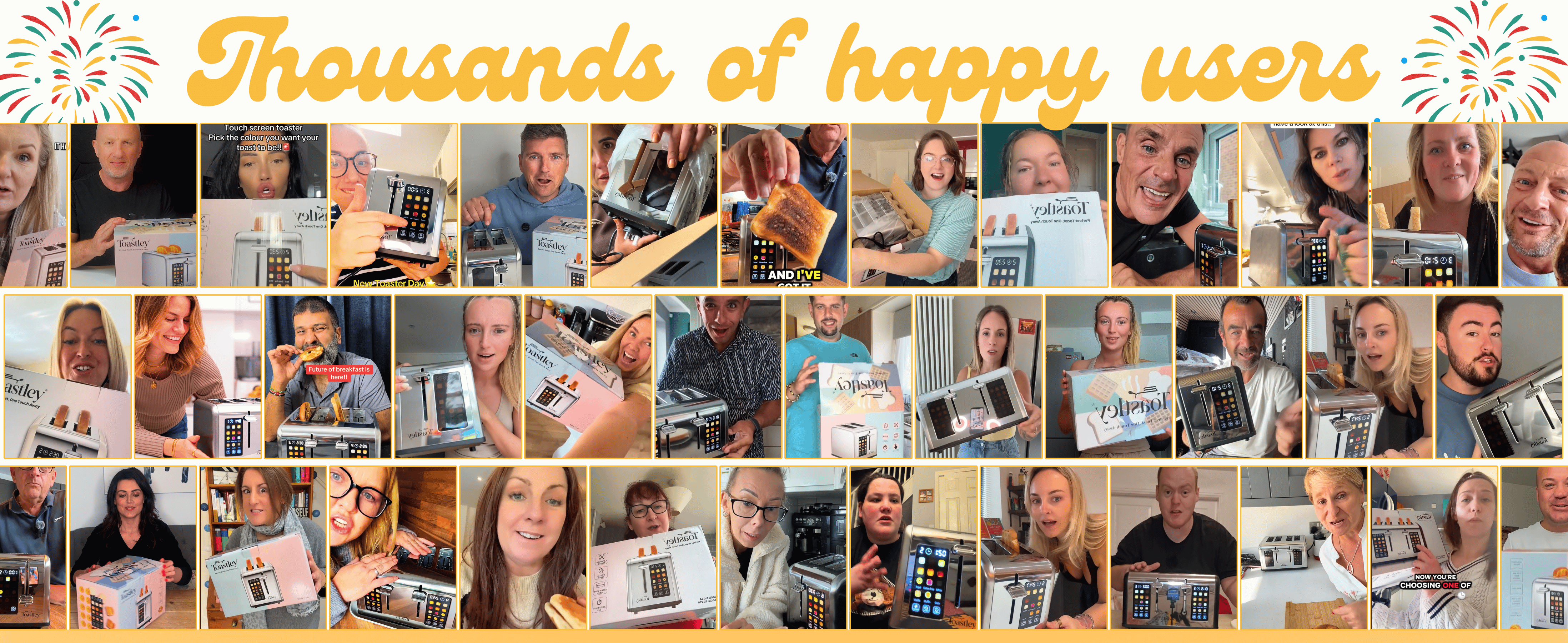 Image of A collage of many people holding vintage radio equipment, with large yellow text across the top reading 'Thousands of happy users' and small fireworks graphics in the corners.