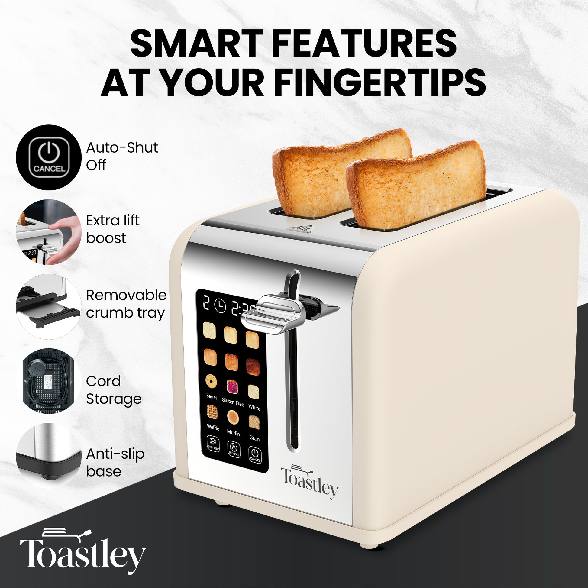 Toaster with smart features highlighted, including toast and Toastley branding.