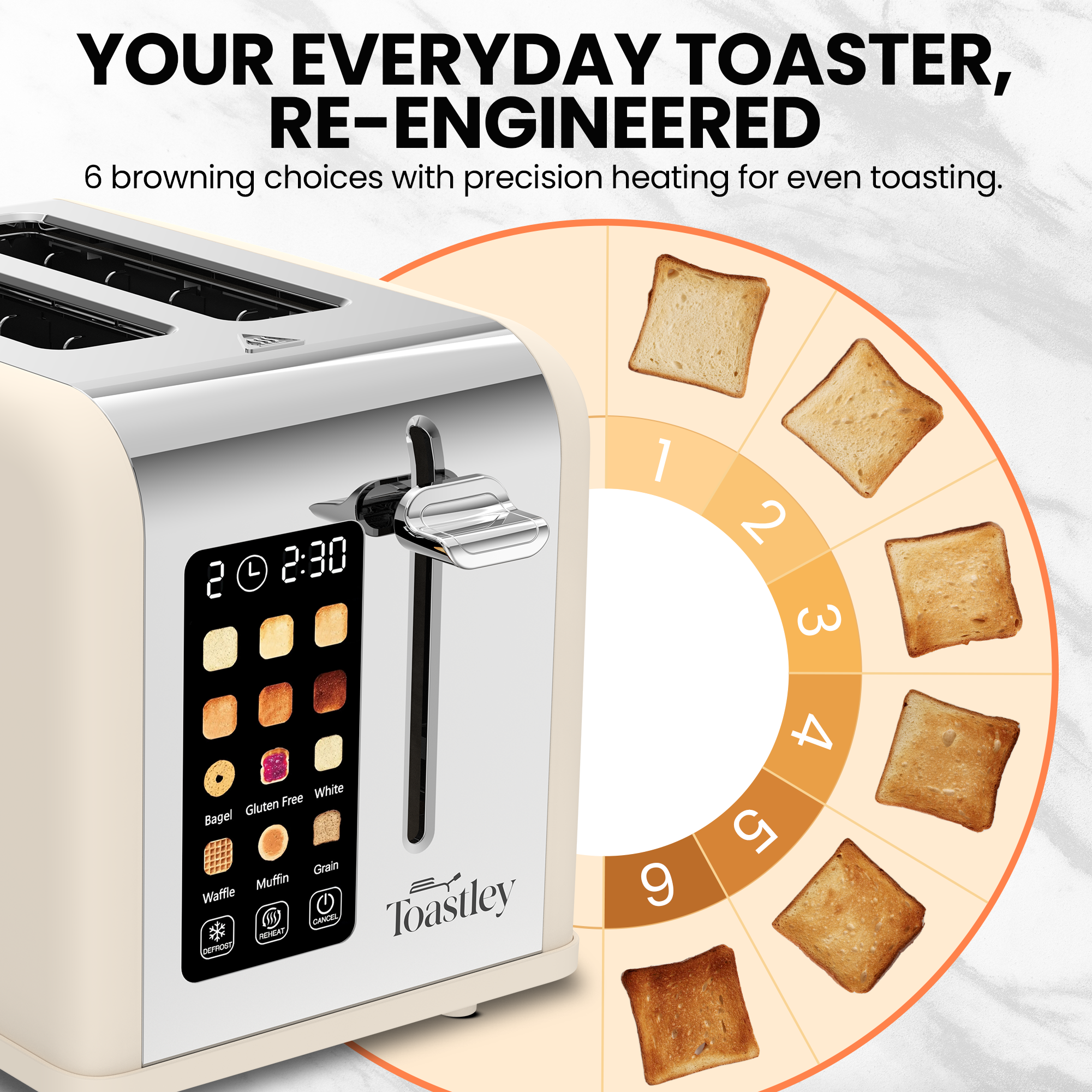 Image of Toaster with digital display and toast simulation chart on a white background