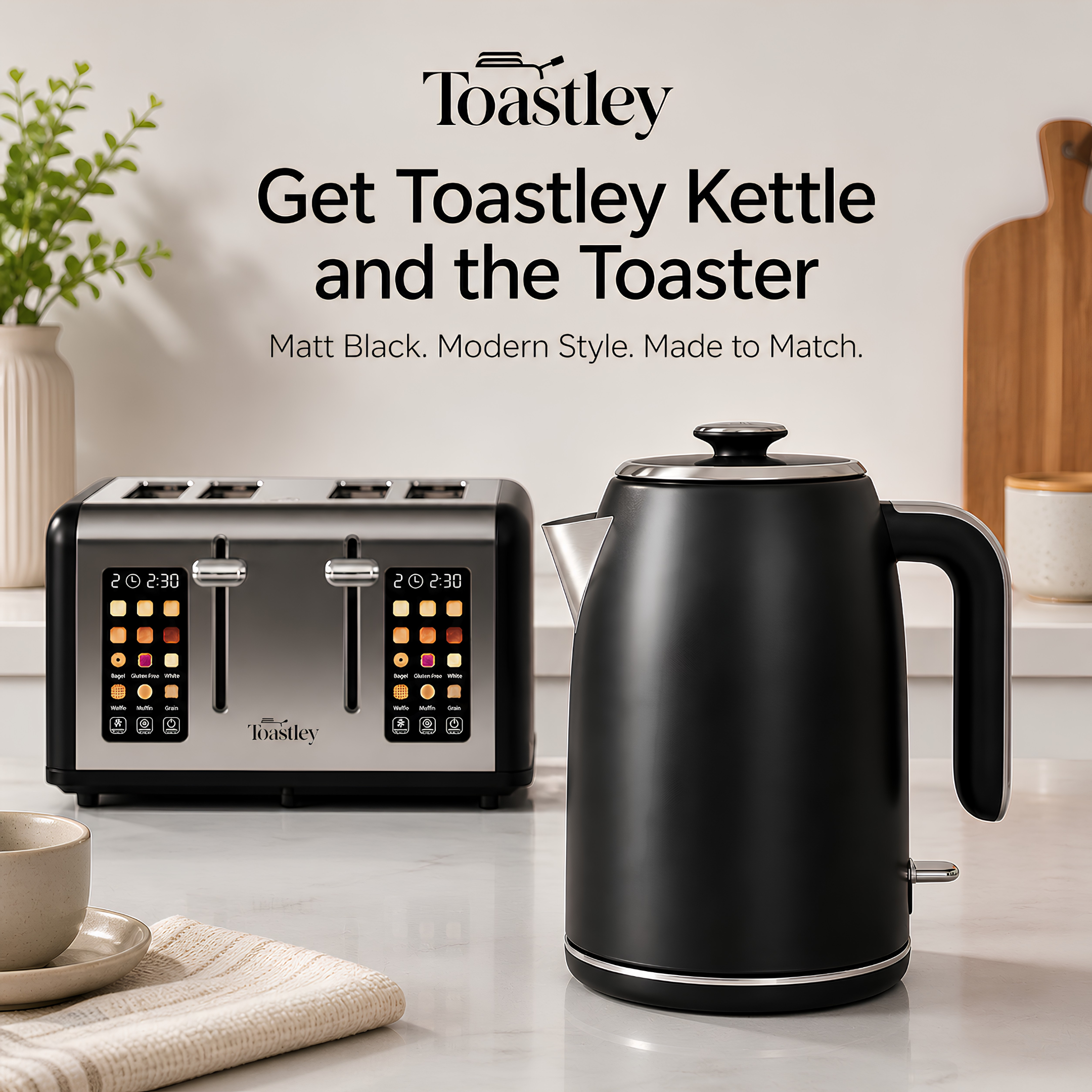 Image of Toastley matt black 4 slice smart toaster next to the matching 1.7L rapid boil kettle, sold together as a set