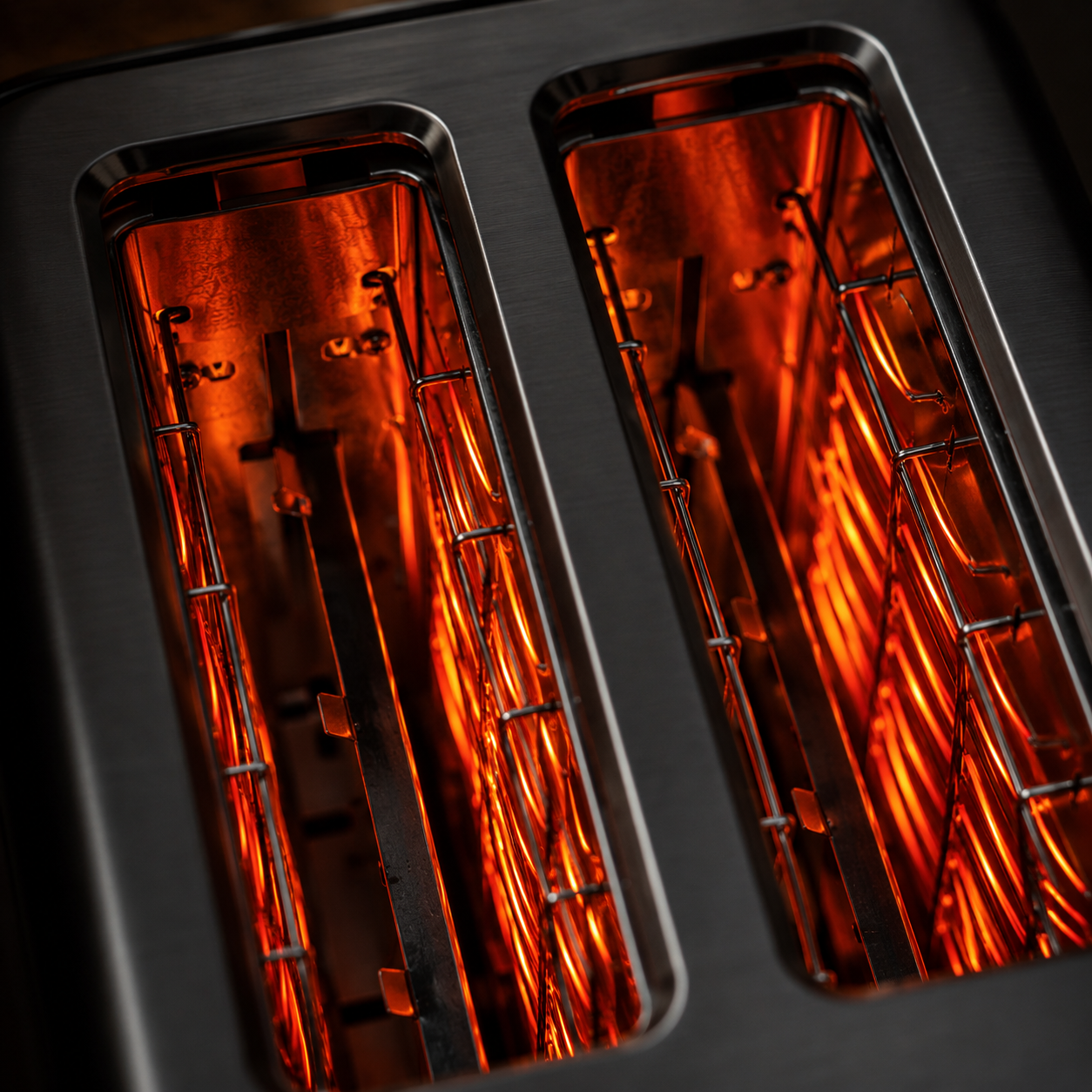 Image of Close-up of Toastley toaster precision heating elements glowing inside the toaster slot