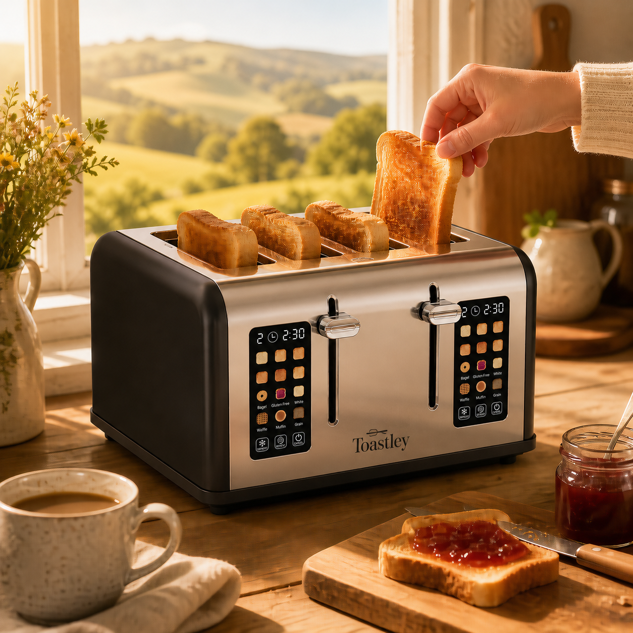Image of Person lifting golden toast from Toastley smart toaster on kitchen counter with countryside view through window