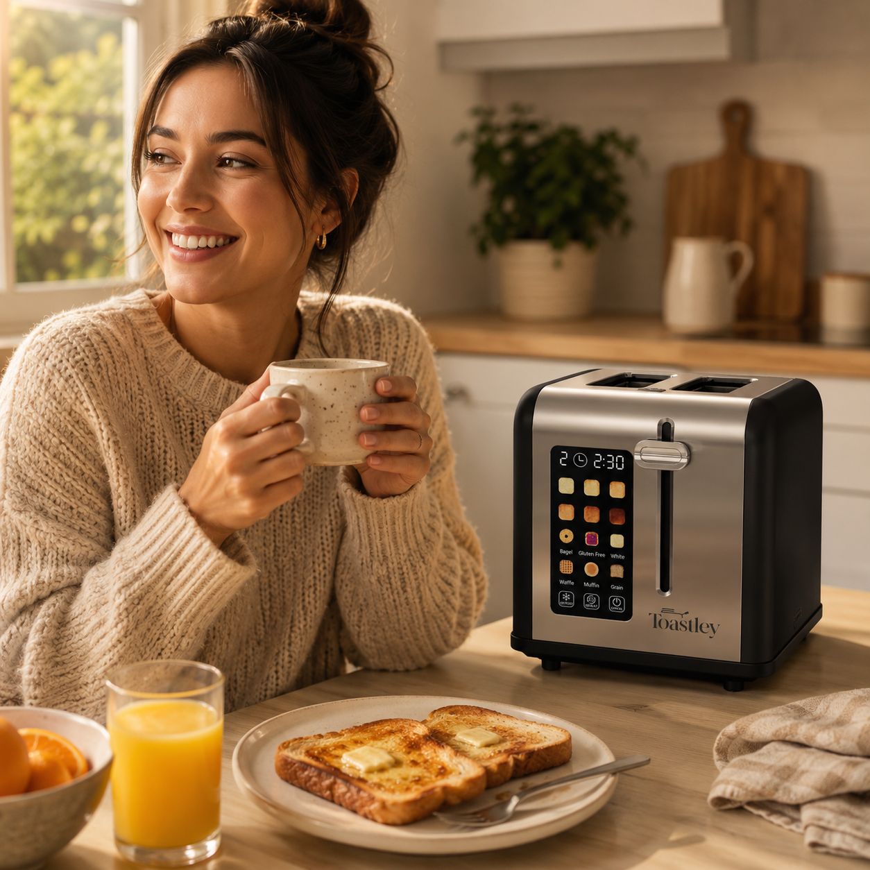 Image of Happy customer enjoying breakfast with Toastley smart toaster in background