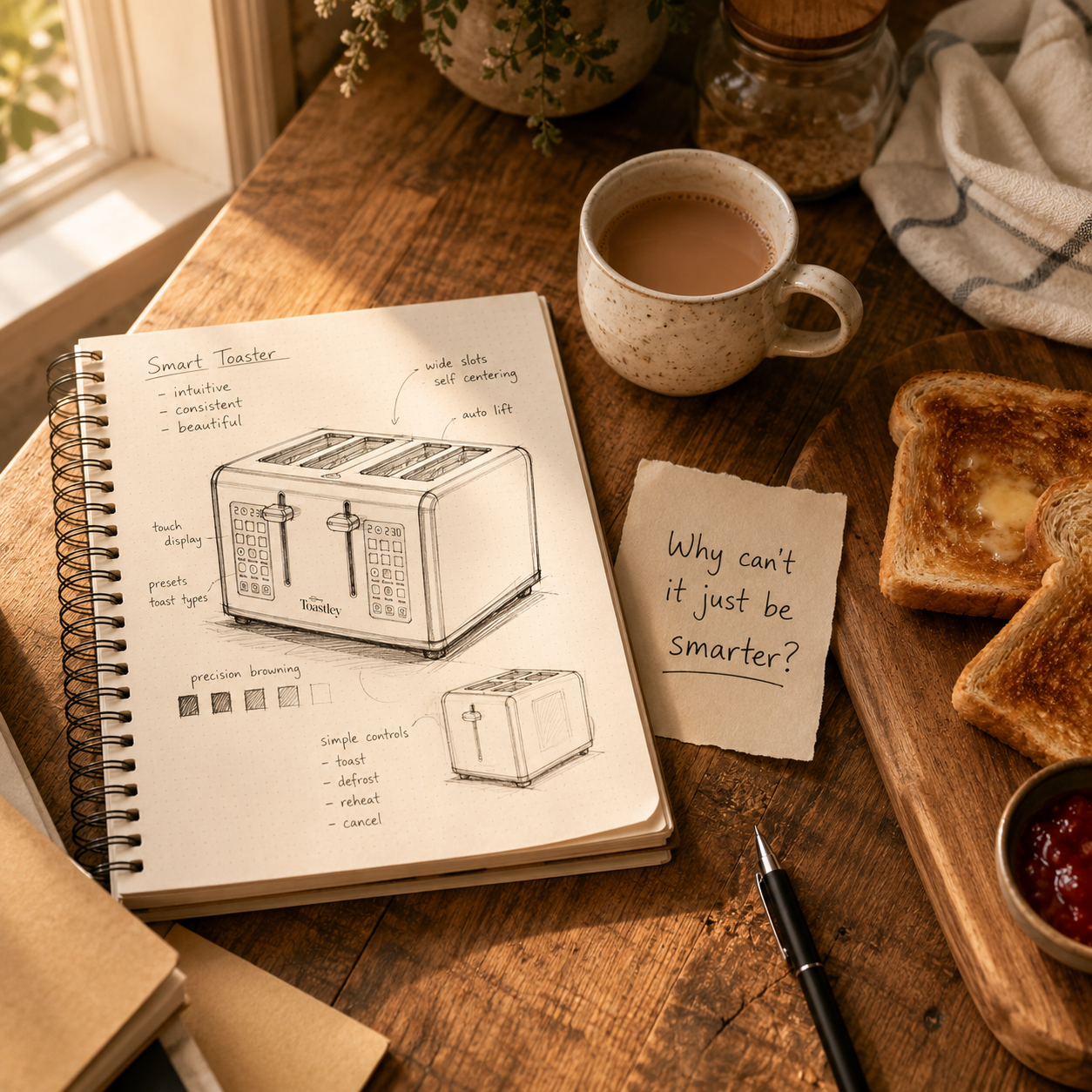Image of Design sketches and toast on a wooden table evoking the founding story of Toastley smart toaster