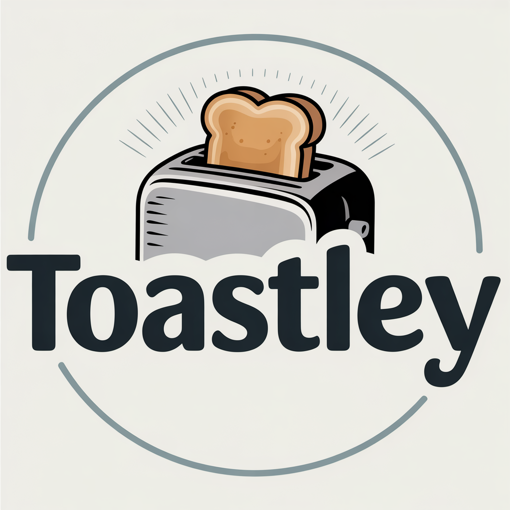 Image of Logo of Toastley with a toaster and slice of bread on a light gray background