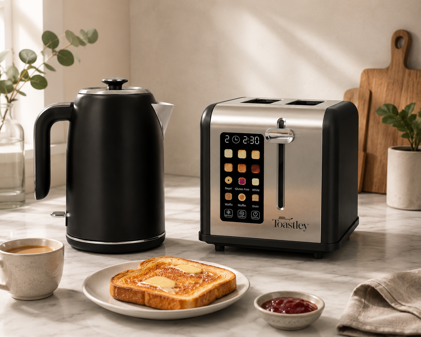 Image of Kitchen scene with a toaster, kettle, and toast on a countertop.