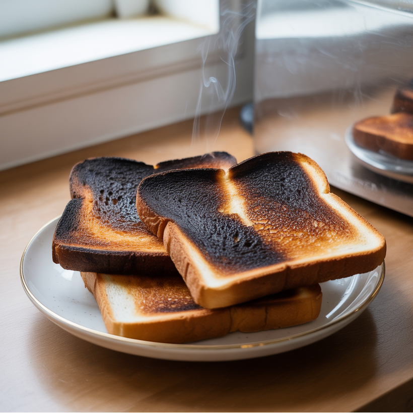 Image of Burnt toast on a plate with steam rising, indicating it is hot.