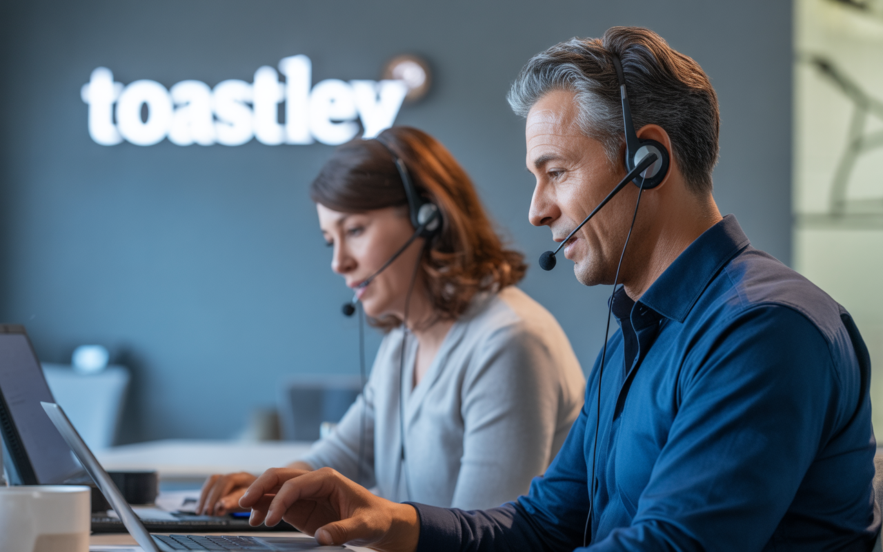 Image of Two call center agents wearing headsets in front of a Toastley sign.