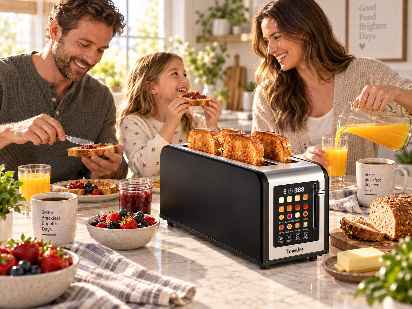 Image of Family eating breakfast beside the Toastley Long Slot Smart Toaster with four slices of toast