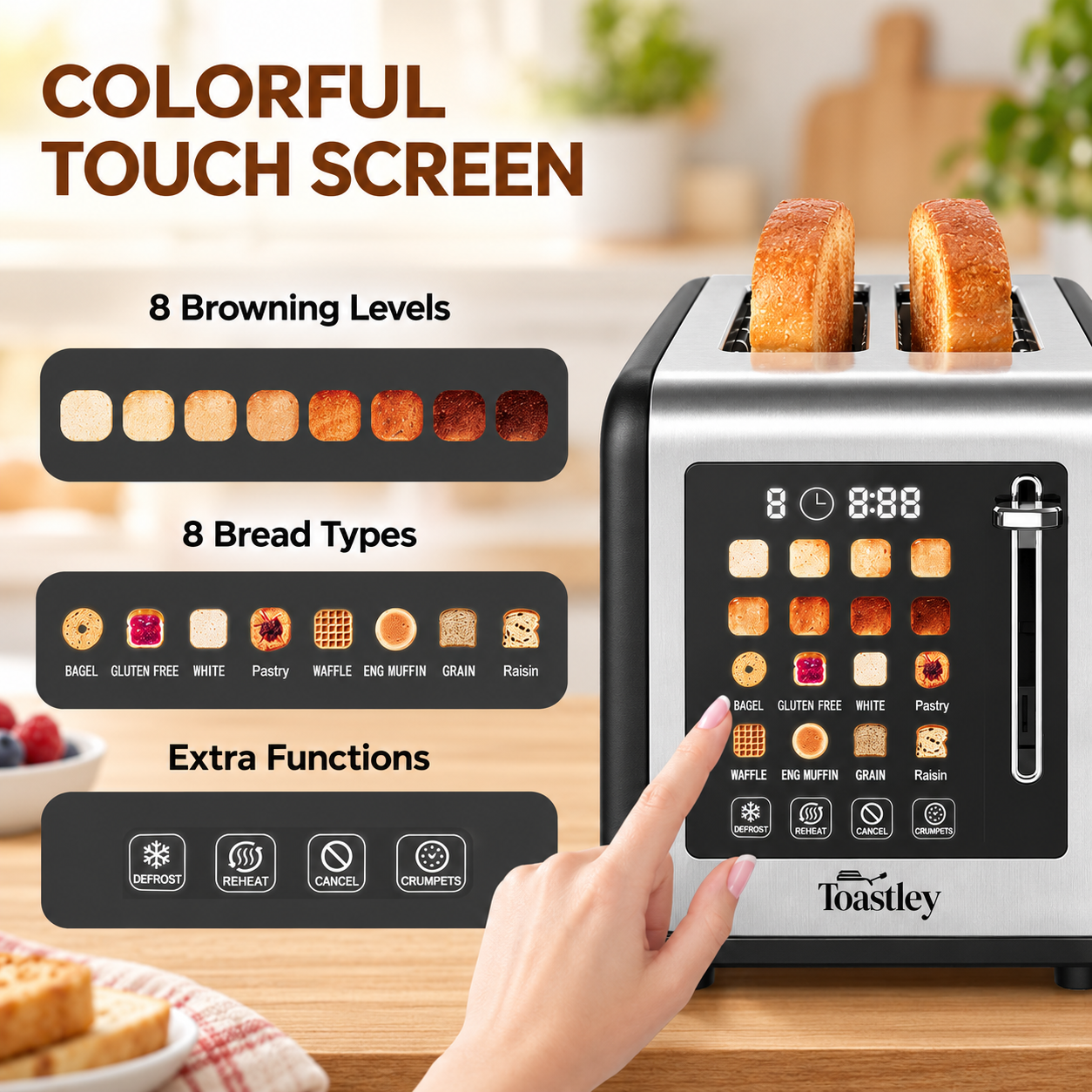 Image of Toastley Long Slot Smart Toaster touchscreen with 8 browning levels, 8 bread types and a dedicated crumpets function