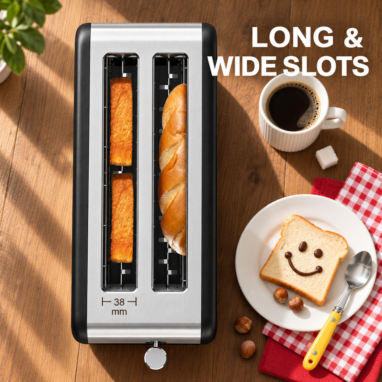 Image of Top view of the Toastley Long Slot Smart Toaster showing two 38mm long and wide slots holding toast and a baguette