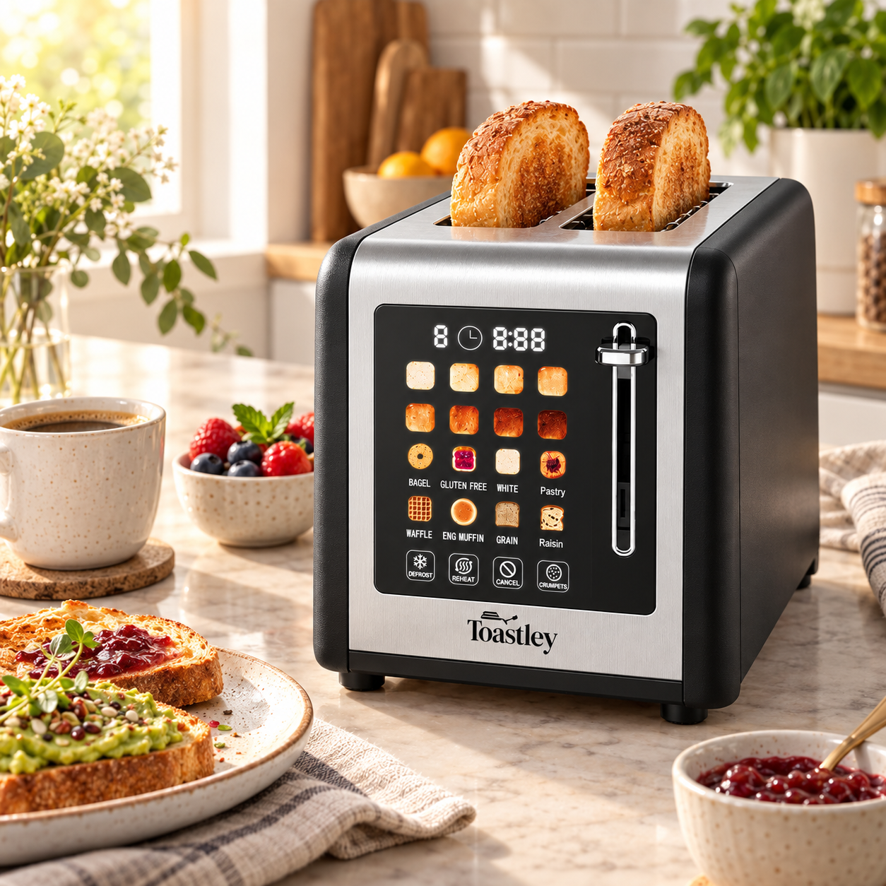 Toastley Long Slot Smart Toaster control panel showing bagel, gluten free, white, pastry, waffle, muffin, grain and raisin modes