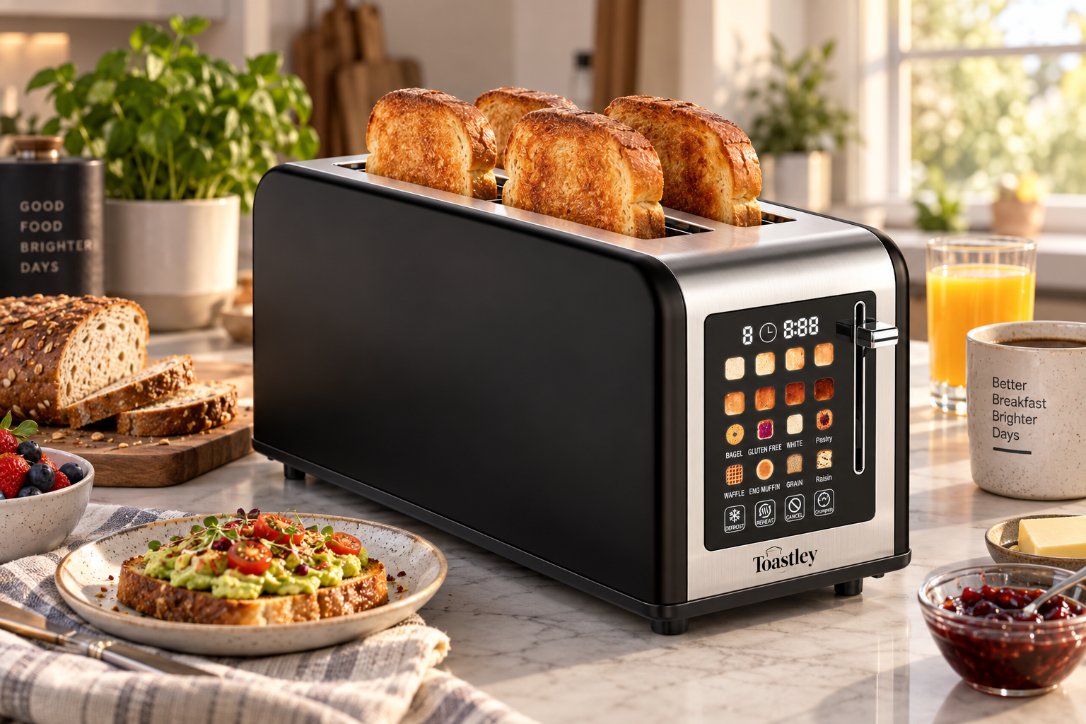 Image of Toastley Long Slot Smart Toaster in matt black toasting four slices of sourdough on a kitchen worktop