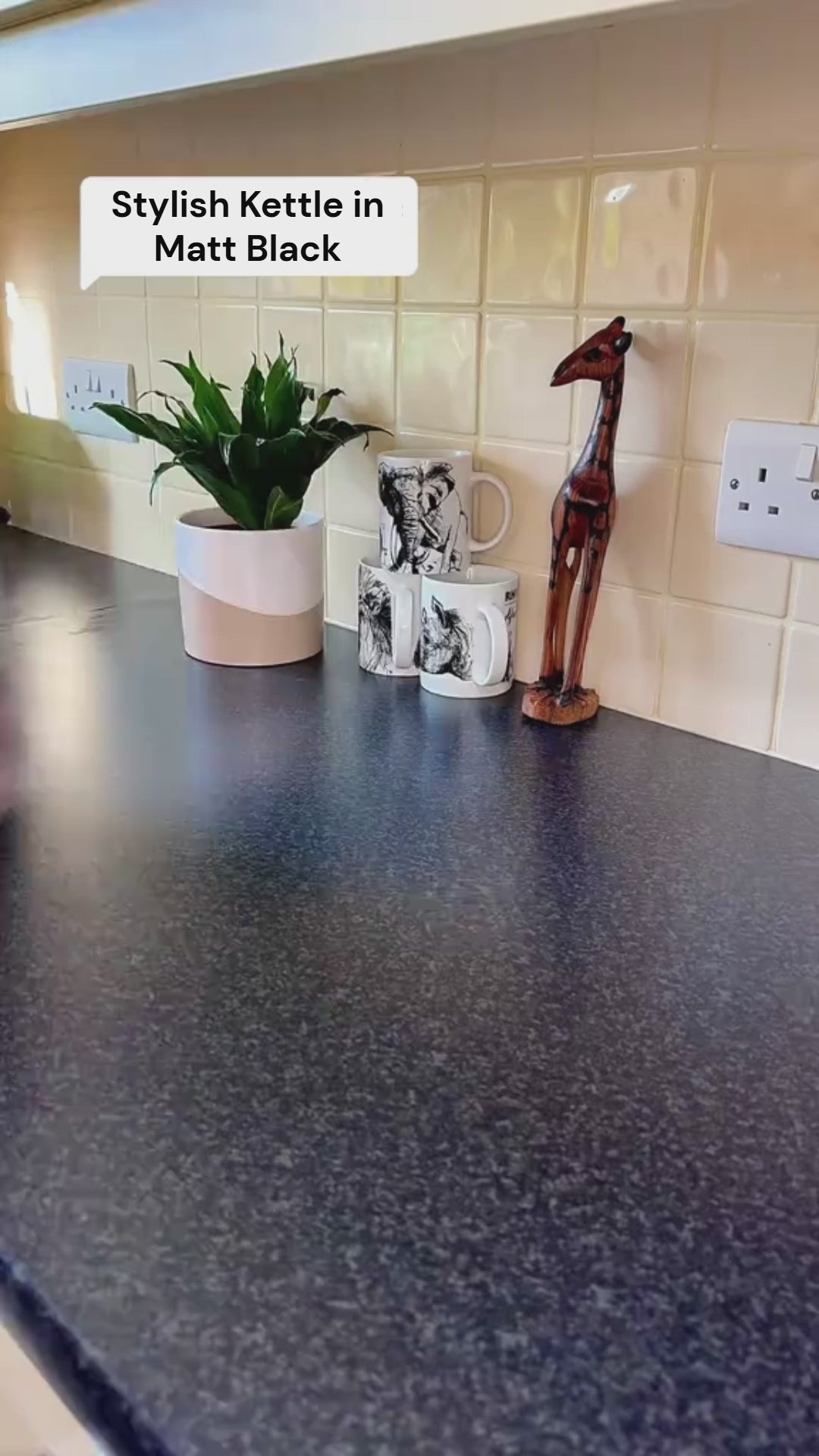 Video of the Toastley 1.7L rapid boil electric kettle in matt black being used in a kitchen